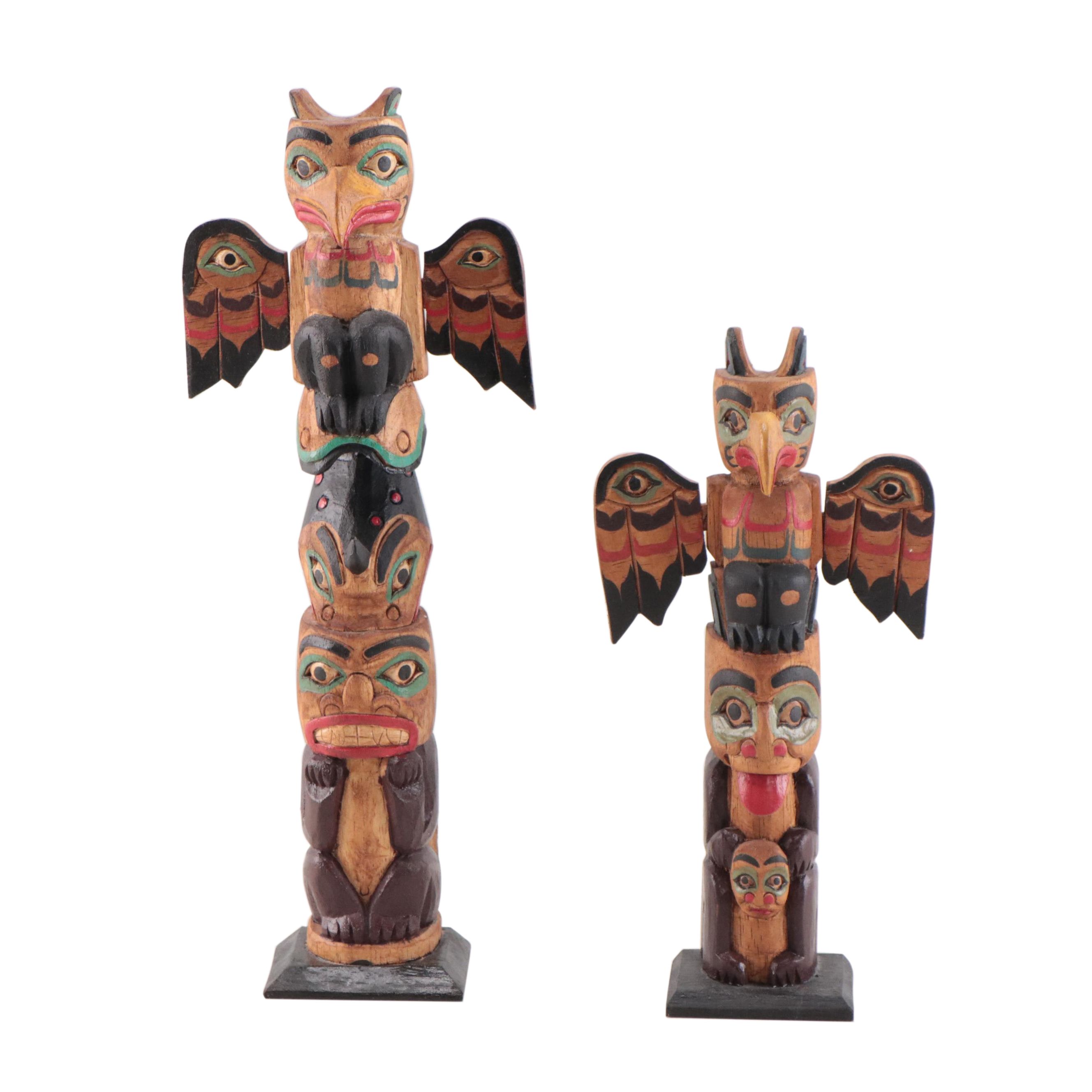 Pacific Northwest Native American Style Carved Wood Totem Sculptures