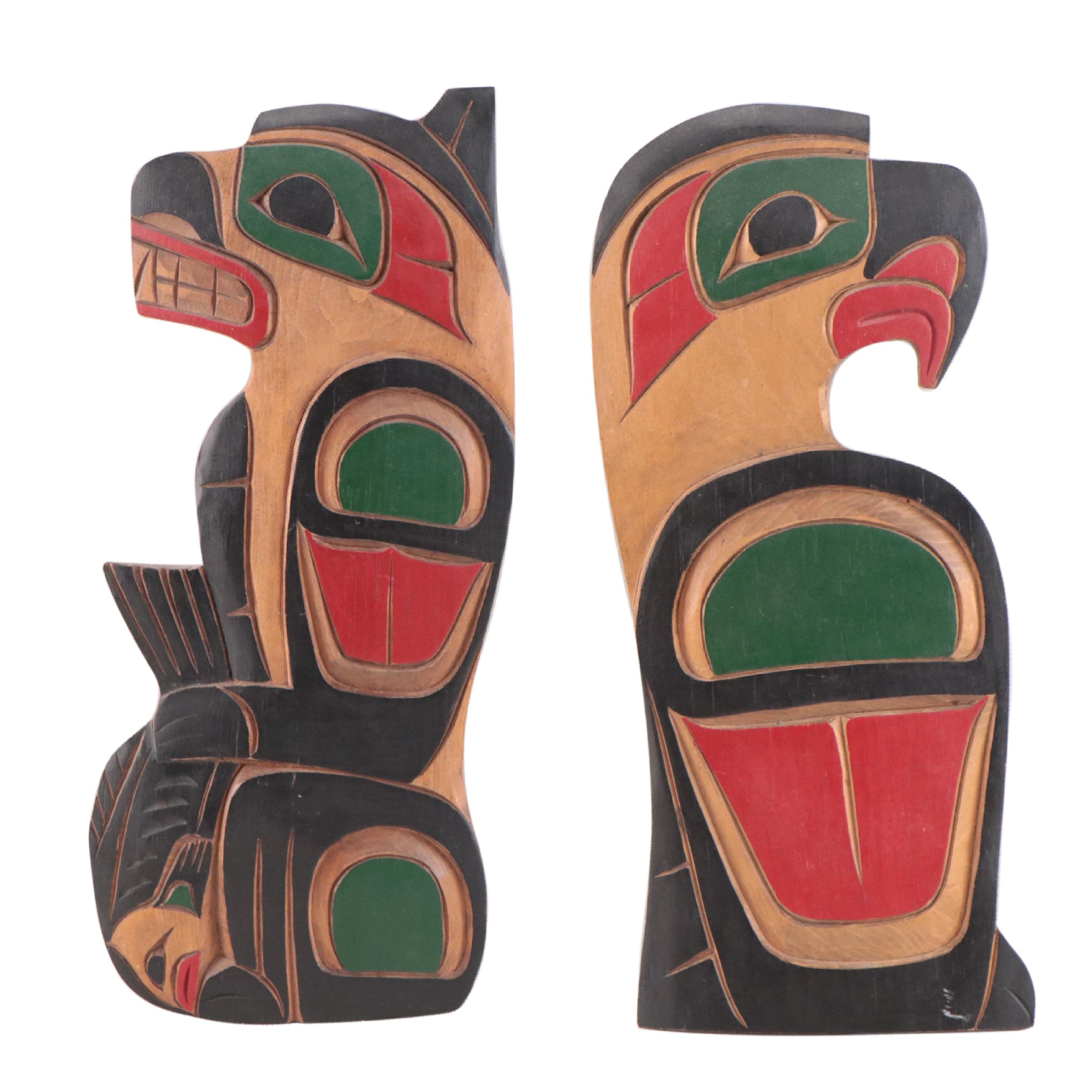 George Matilpi Carved Wood Sculptural Wall Hangings "Beal" and "Eagle," 1993