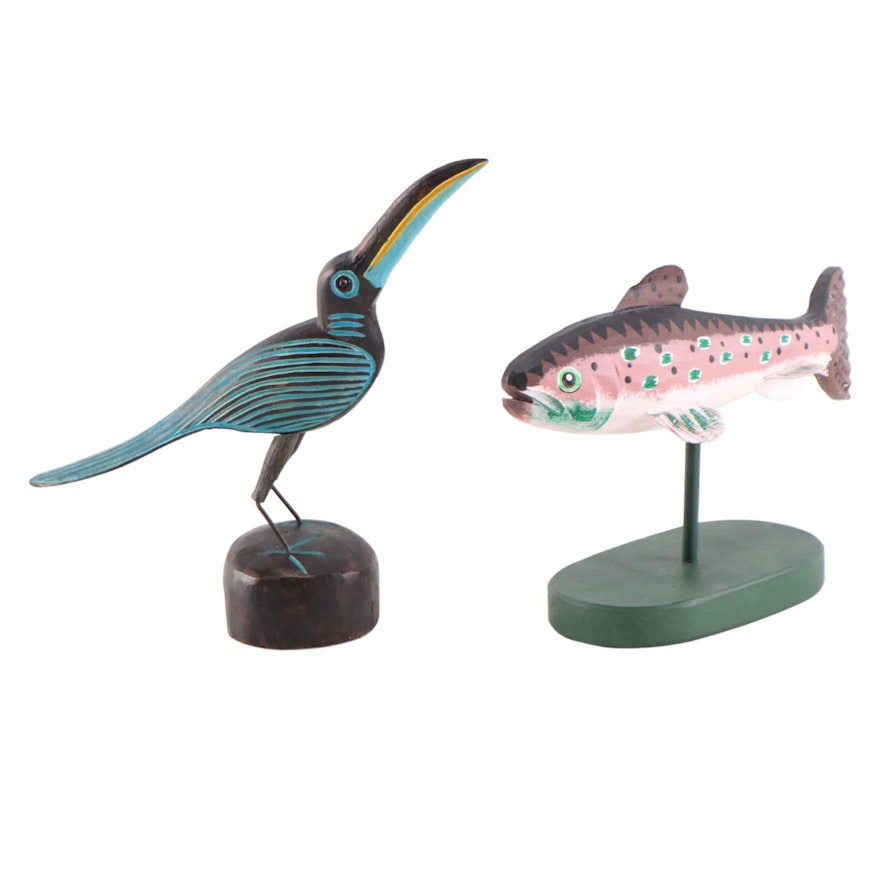 Folk Art Hand-Painted Carved Wood Sculptures of Bird and Fish