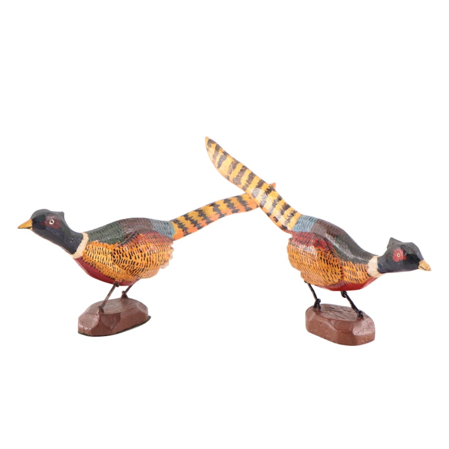 Painted and Carved Wood Sculptures of Pheasants