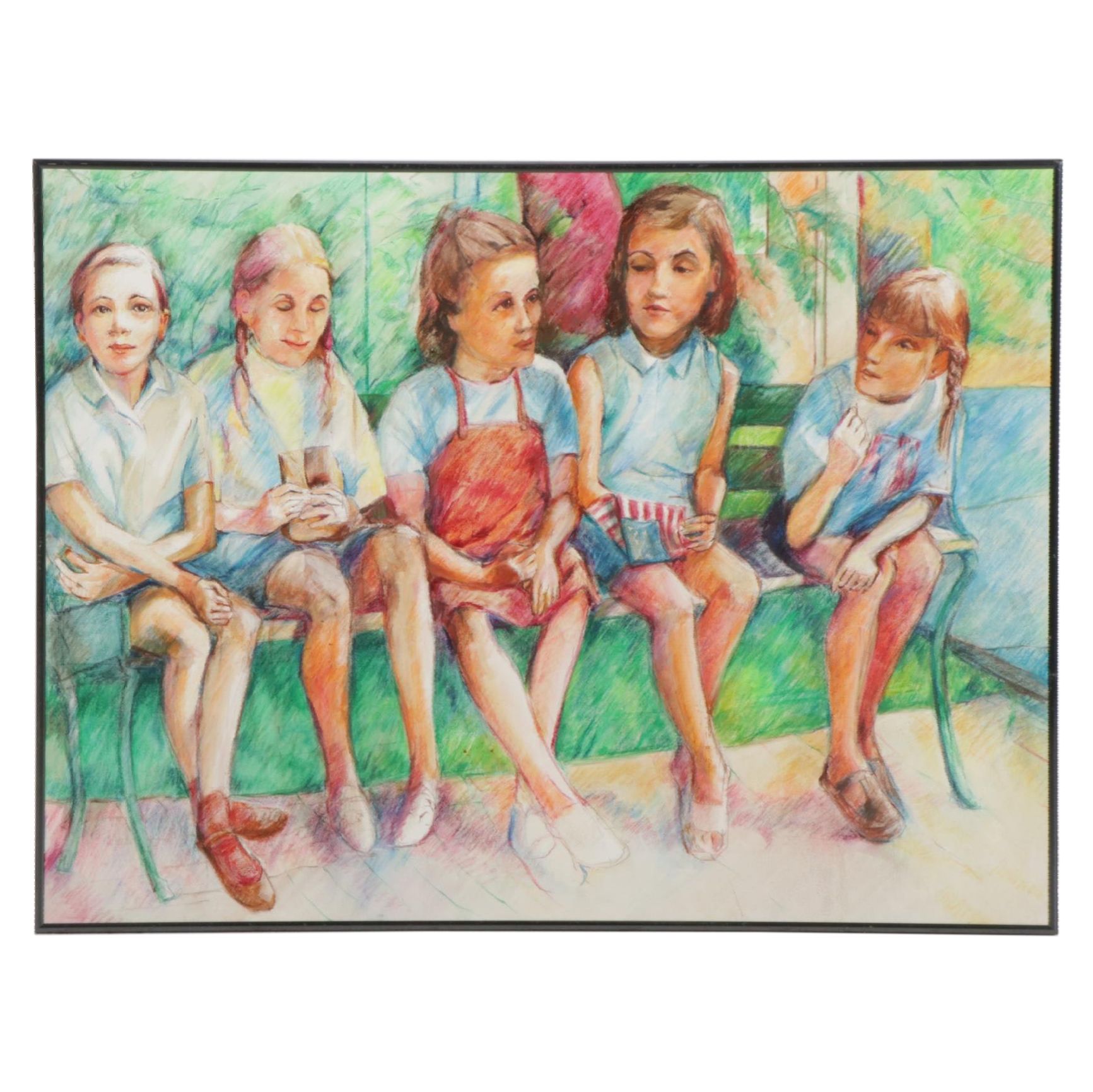 Dianne Almendinger Acrylic Painting "Five on a Bench," Circa 2000