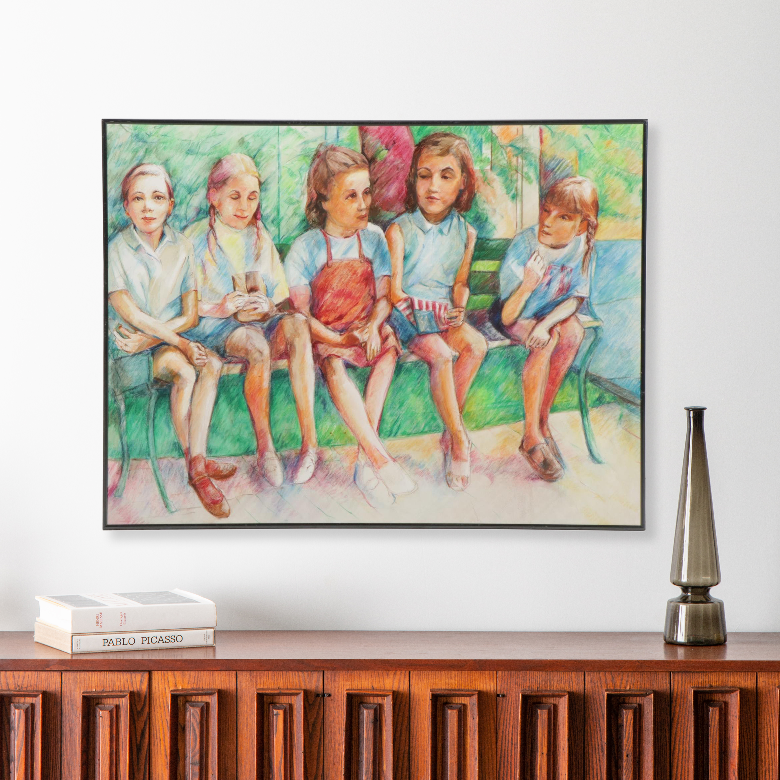 Dianne Almendinger Acrylic Painting "Five on a Bench," Circa 2000