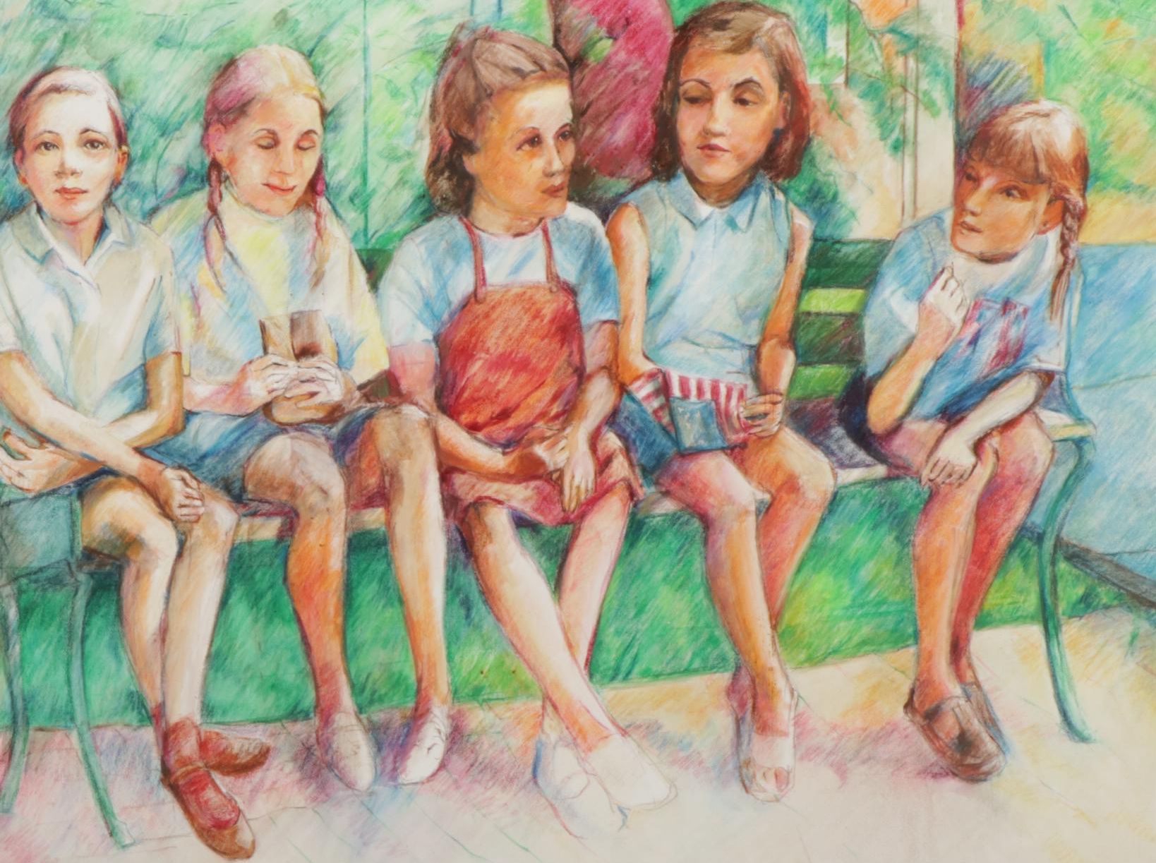 Dianne Almendinger Acrylic Painting "Five on a Bench," Circa 2000
