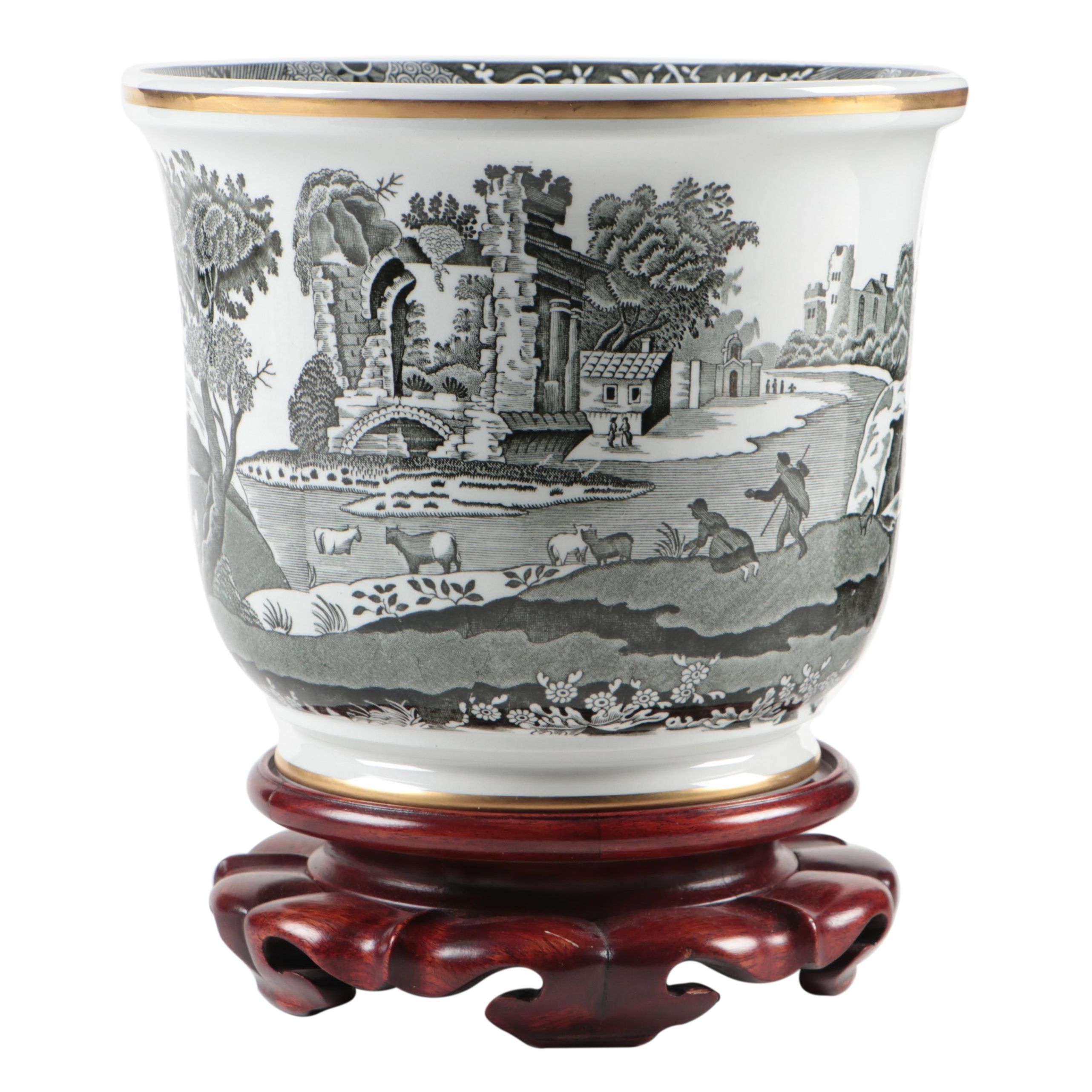 Spode "Black Italian" Ceramic Cachepot with Stand
