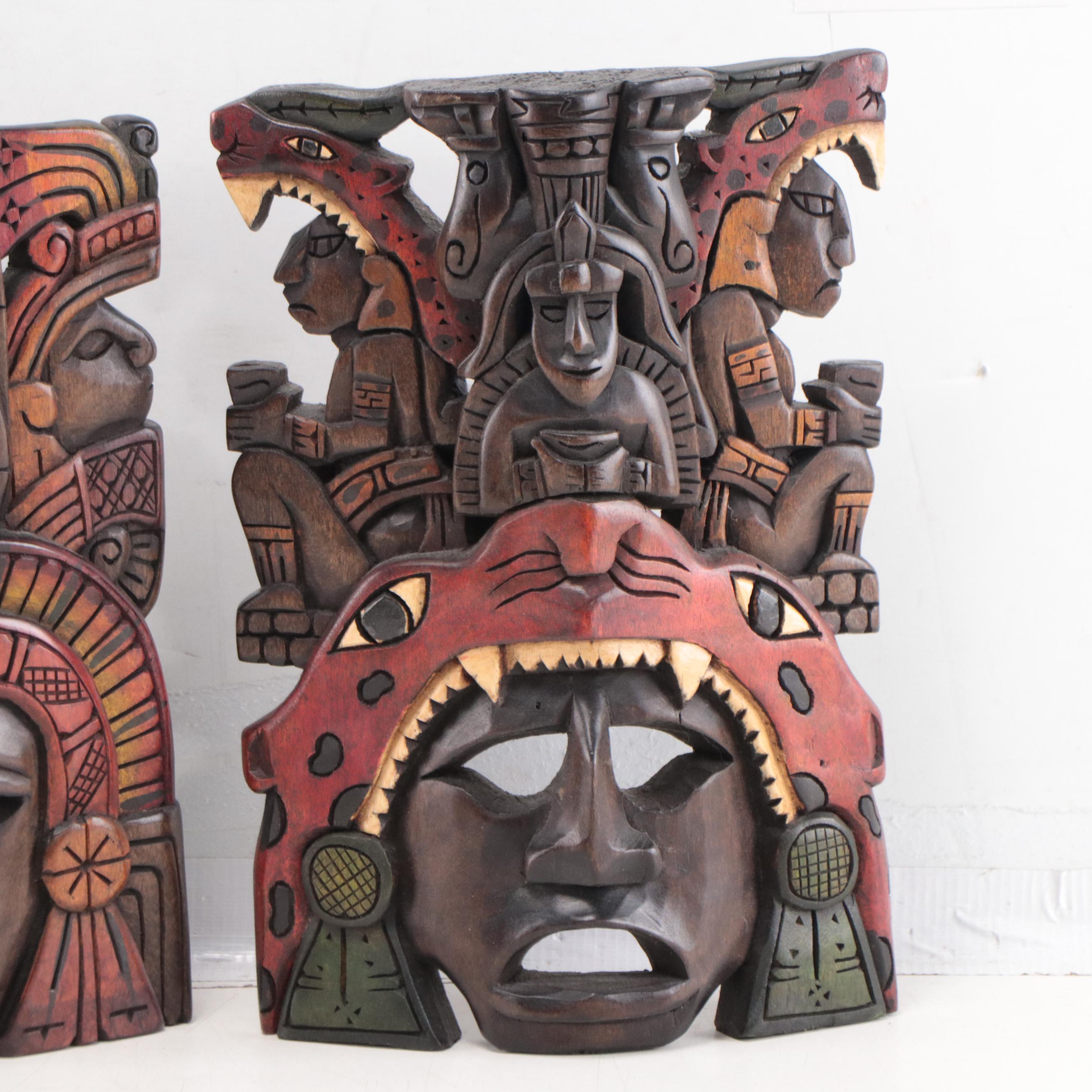 Mayan Style Pigment and Carved Wood Masks