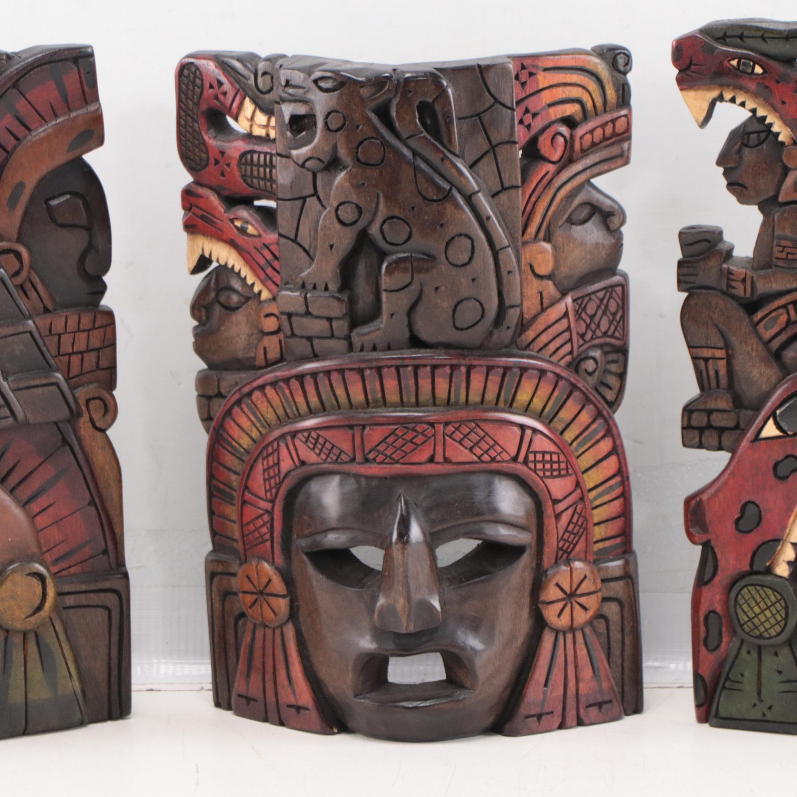 Mayan Style Pigment and Carved Wood Masks