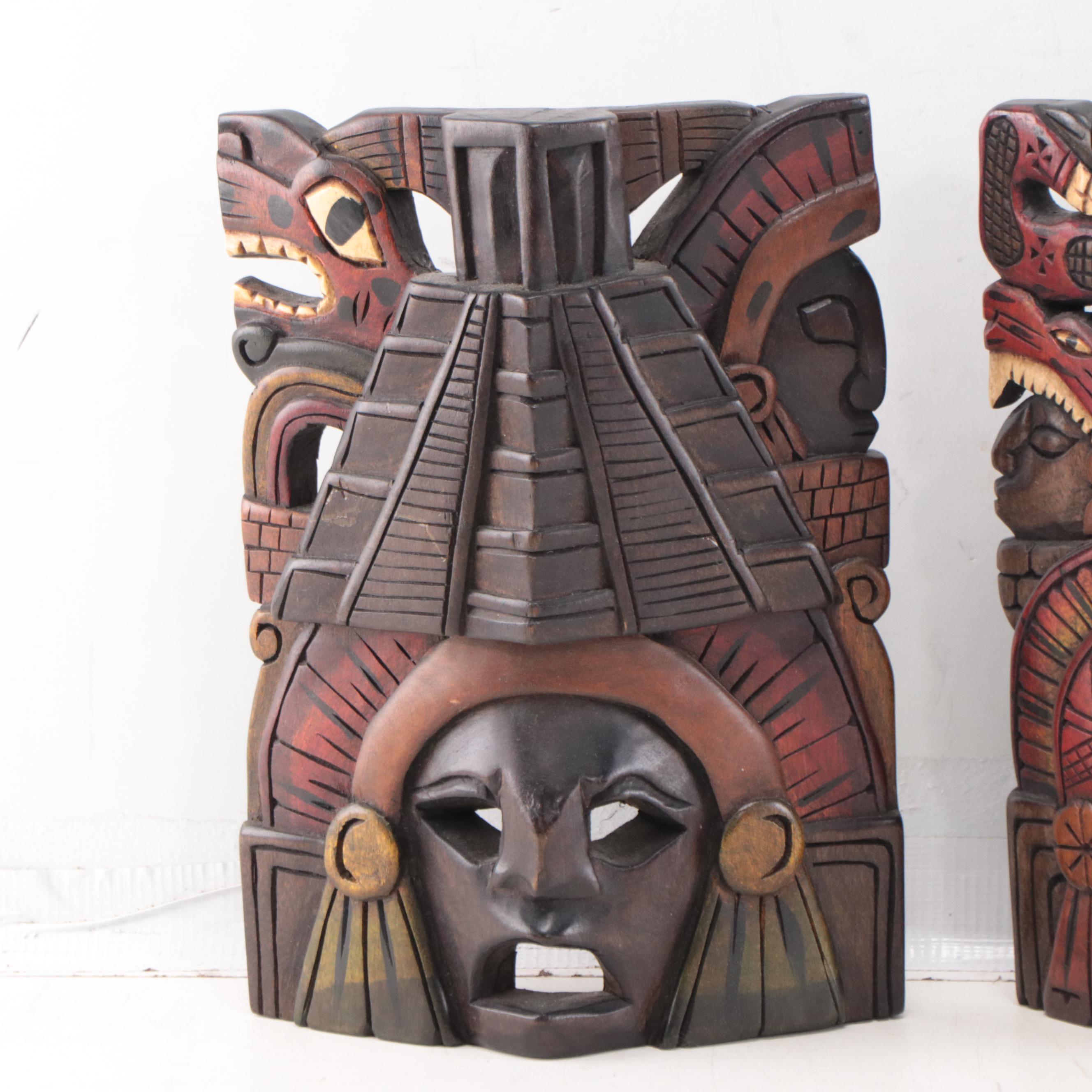 Mayan Style Pigment and Carved Wood Masks