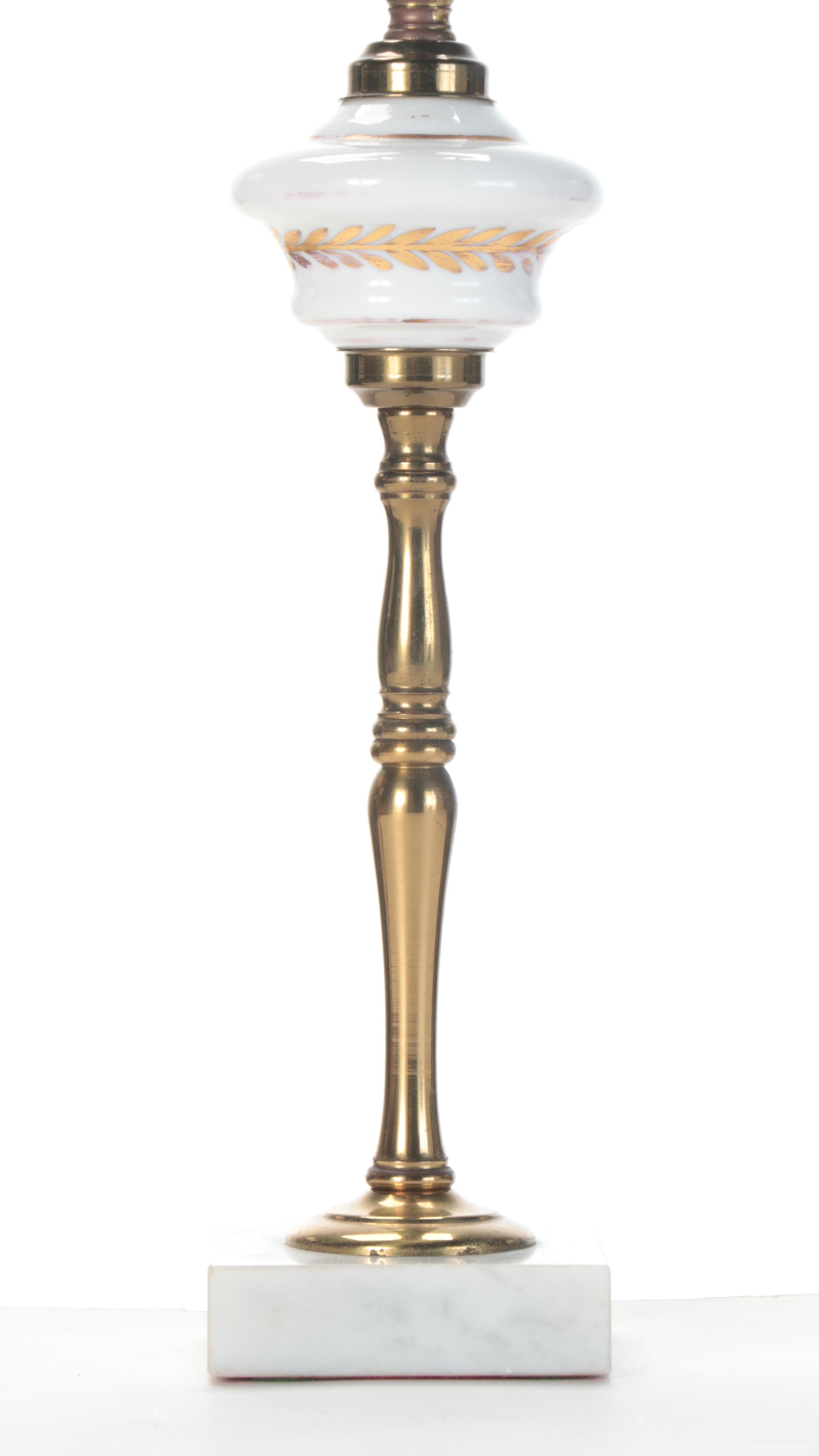 Pair of Milk Glass, Brass and Marble Table Lamps, Mid to Late 20th Century