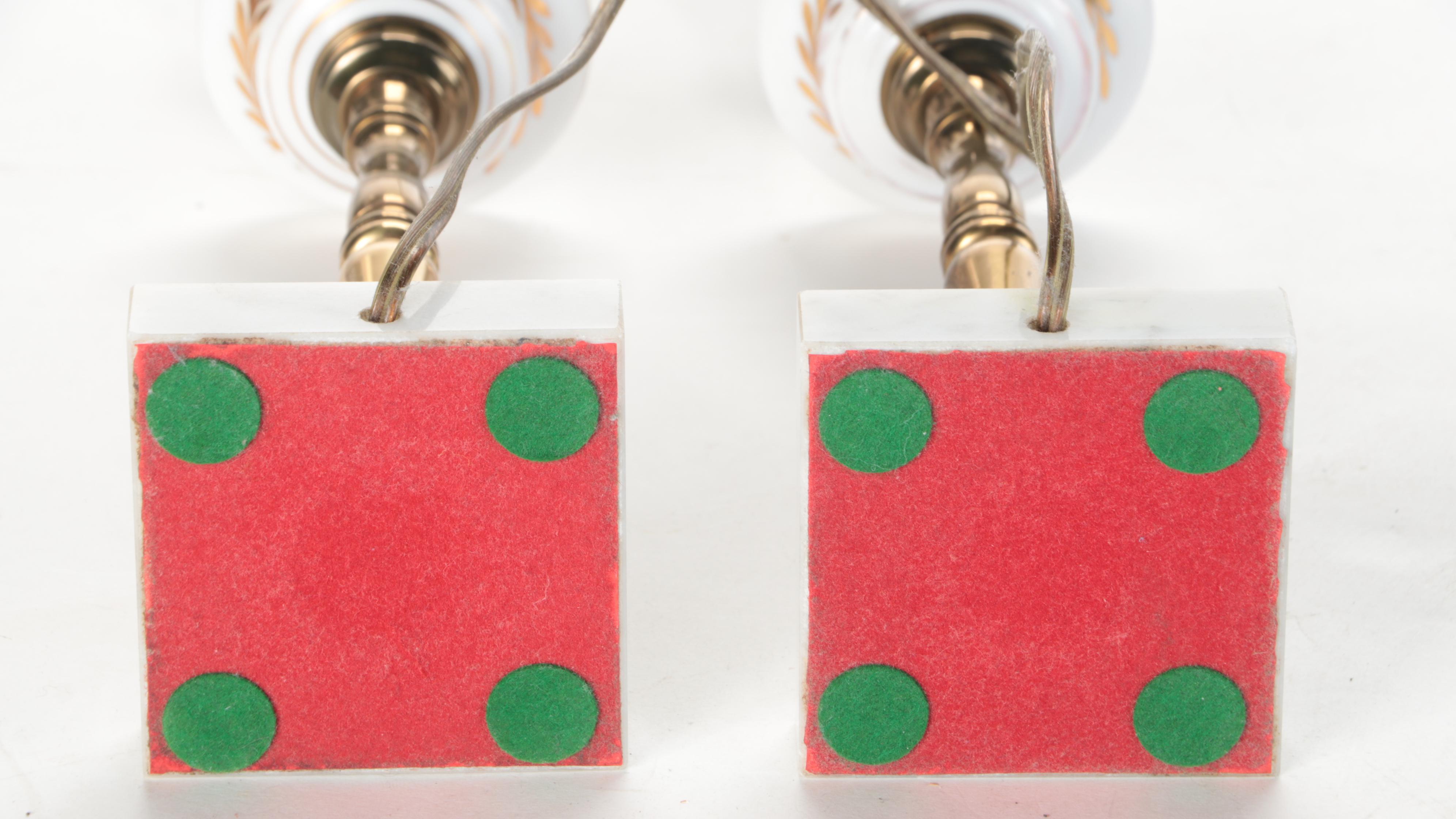 Pair of Milk Glass, Brass and Marble Table Lamps, Mid to Late 20th Century