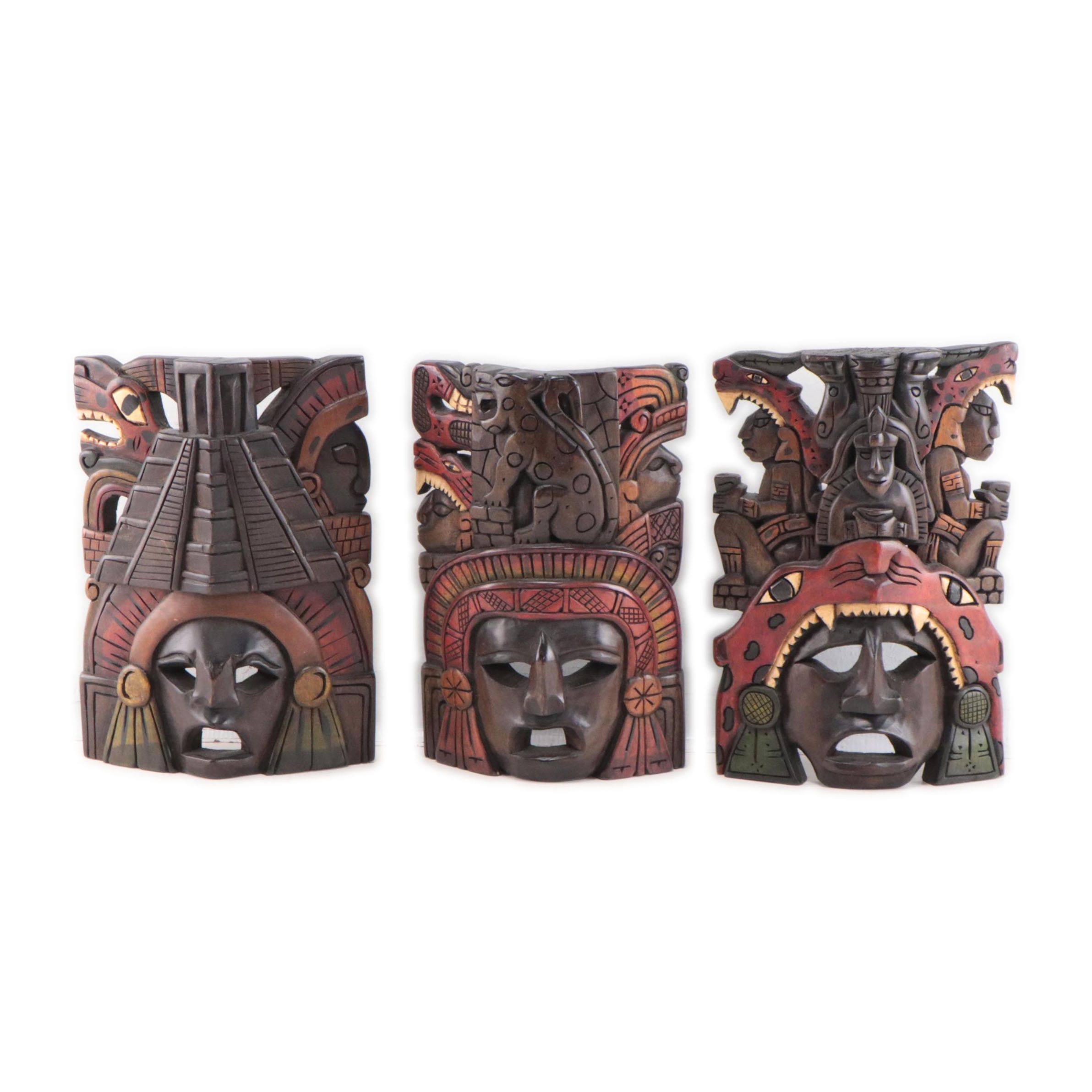 Mayan Style Pigment and Carved Wood Masks