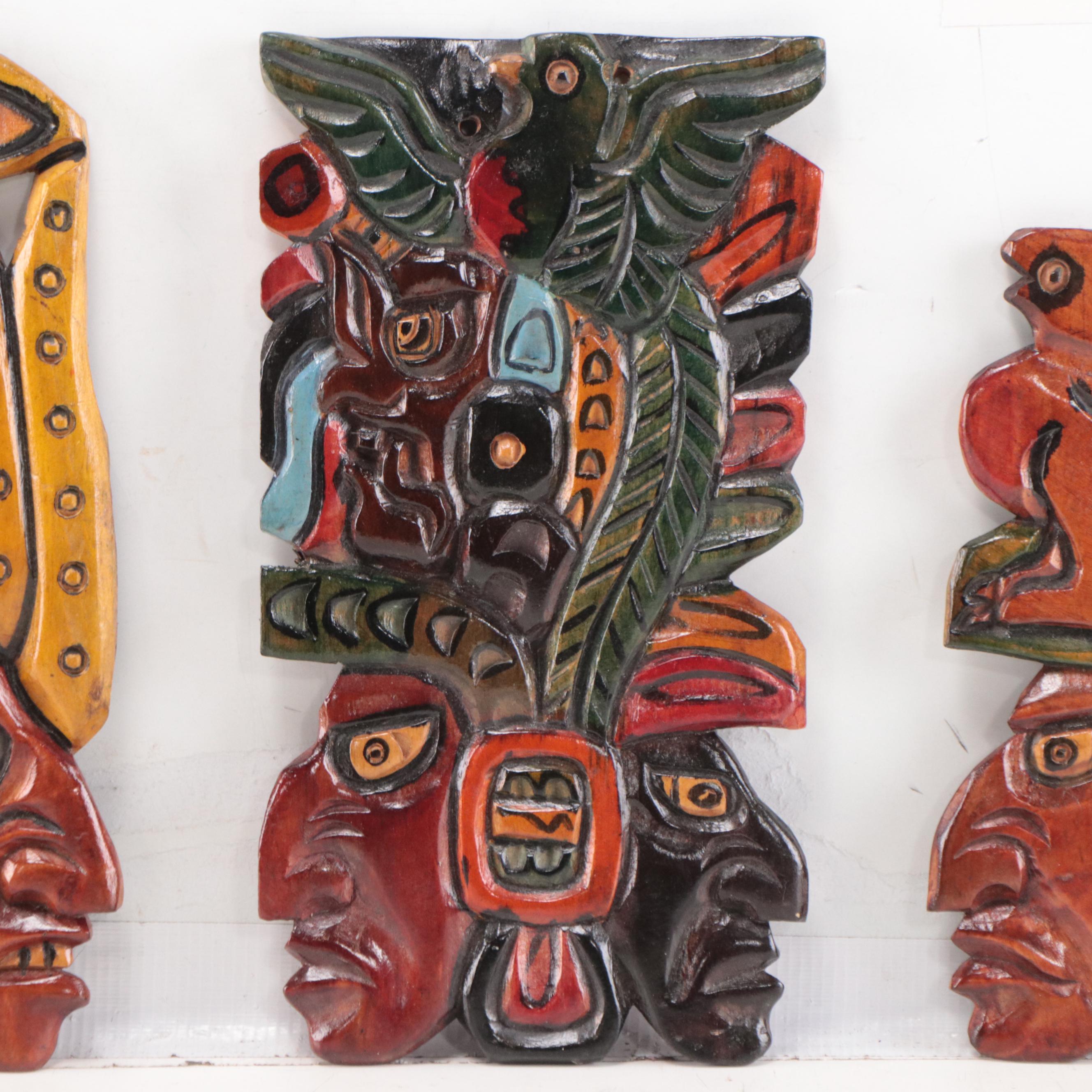 Mayan Style Carved Wood Sculptural Wall Hangings