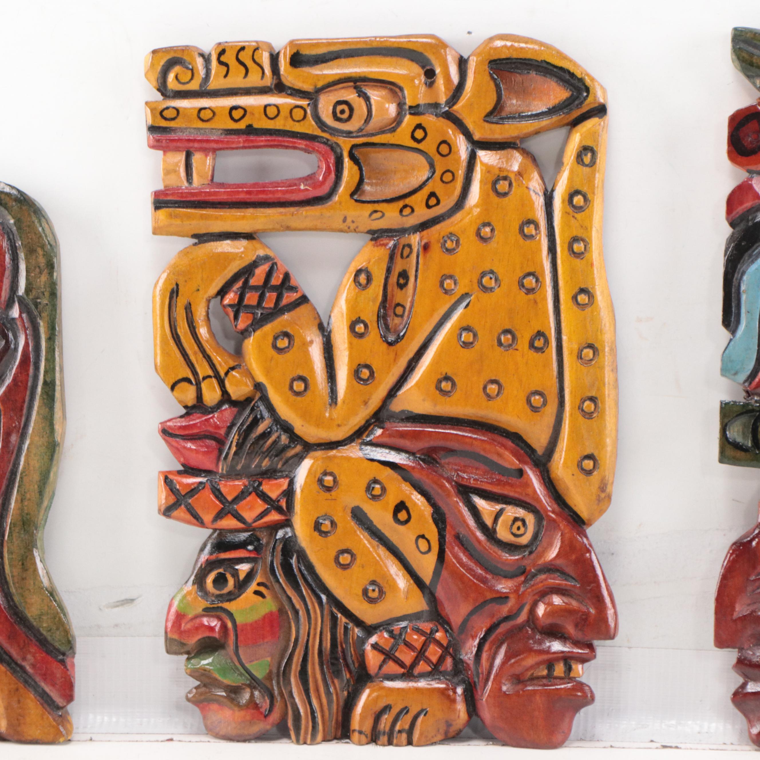 Mayan Style Carved Wood Sculptural Wall Hangings