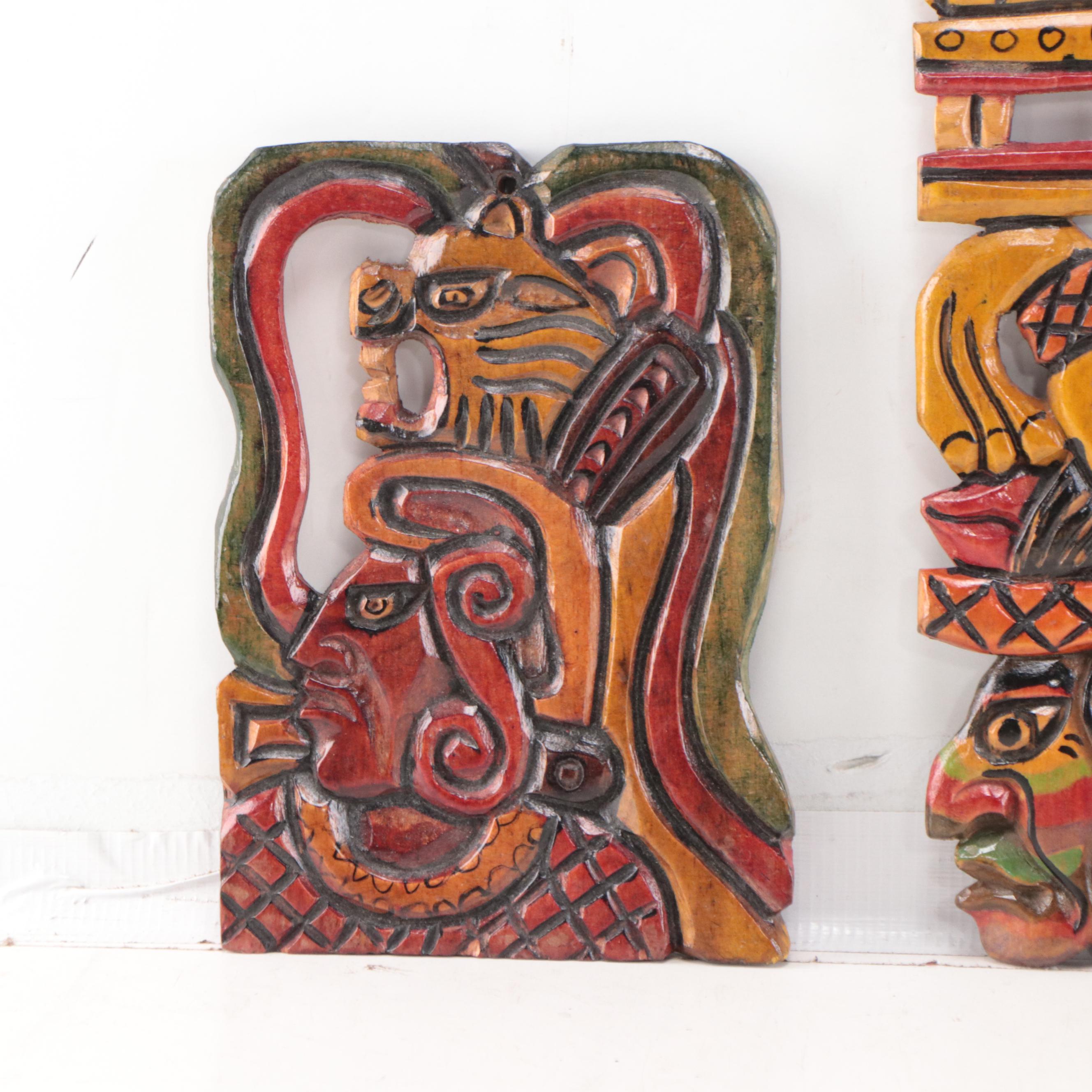 Mayan Style Carved Wood Sculptural Wall Hangings