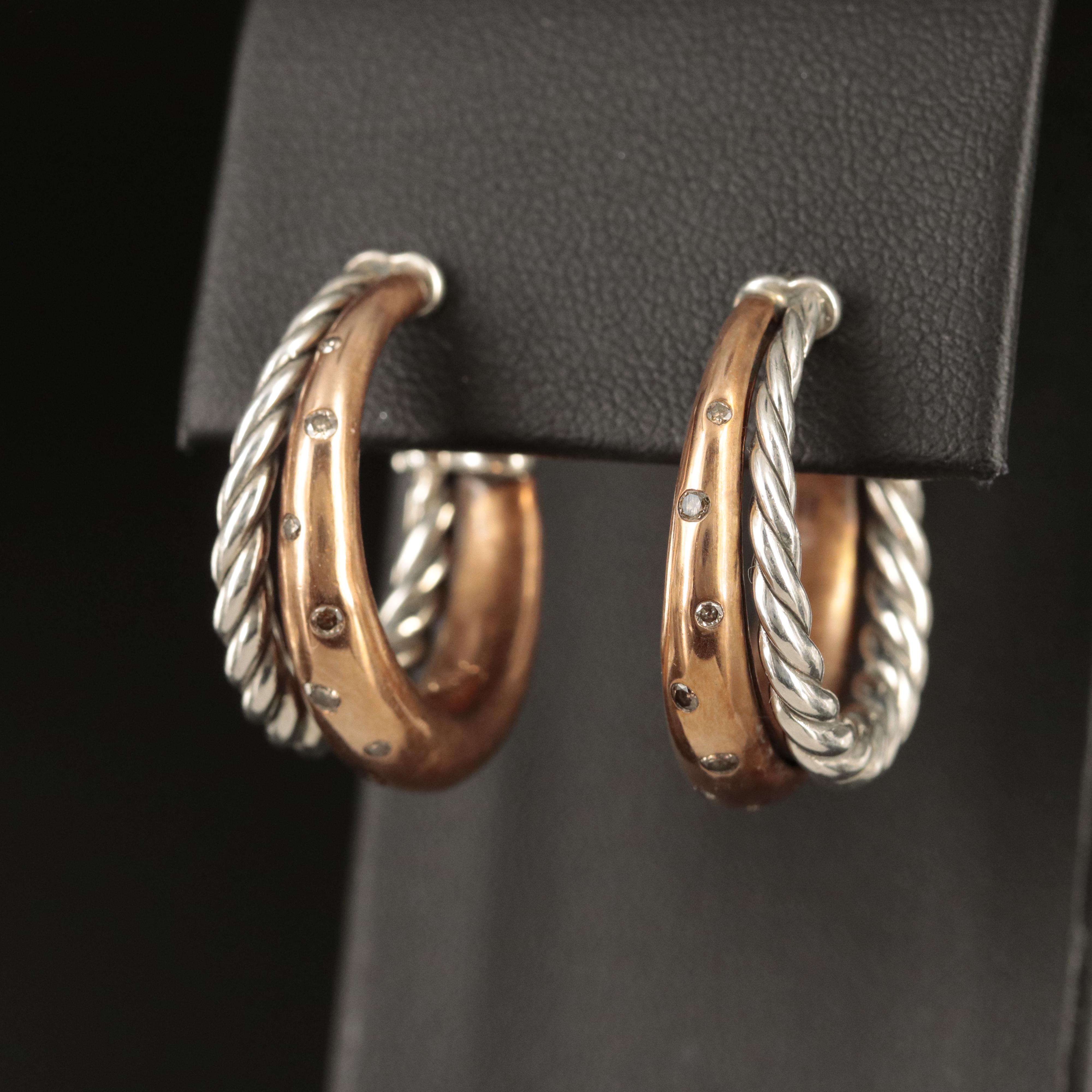 David Yurman Sterling and Bronze Diamond Hoop Earrings