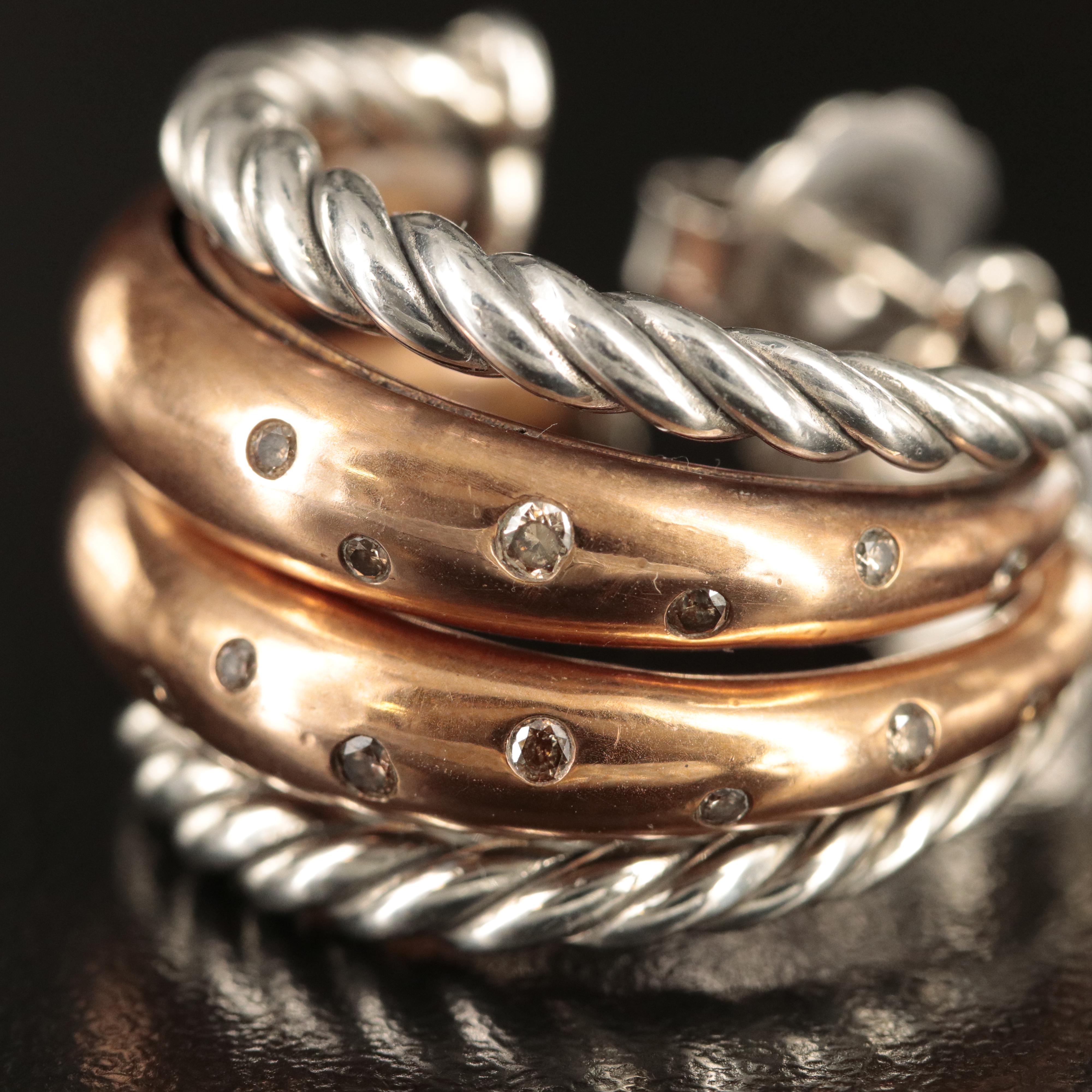 David Yurman Sterling and Bronze Diamond Hoop Earrings