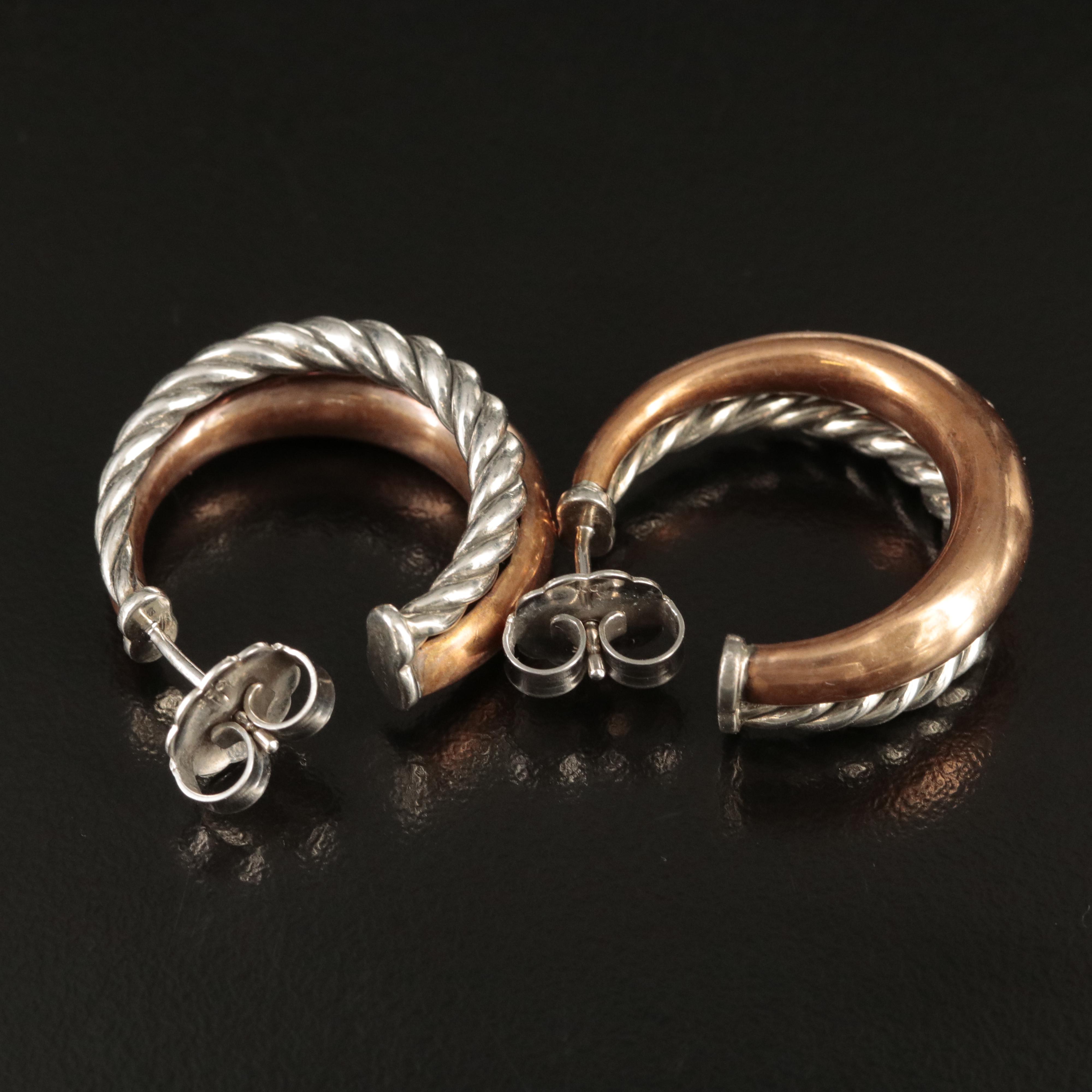 David Yurman Sterling and Bronze Diamond Hoop Earrings