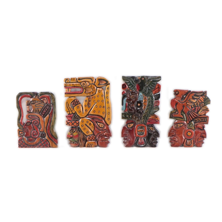 Mayan Style Carved Wood Sculptural Wall Hangings