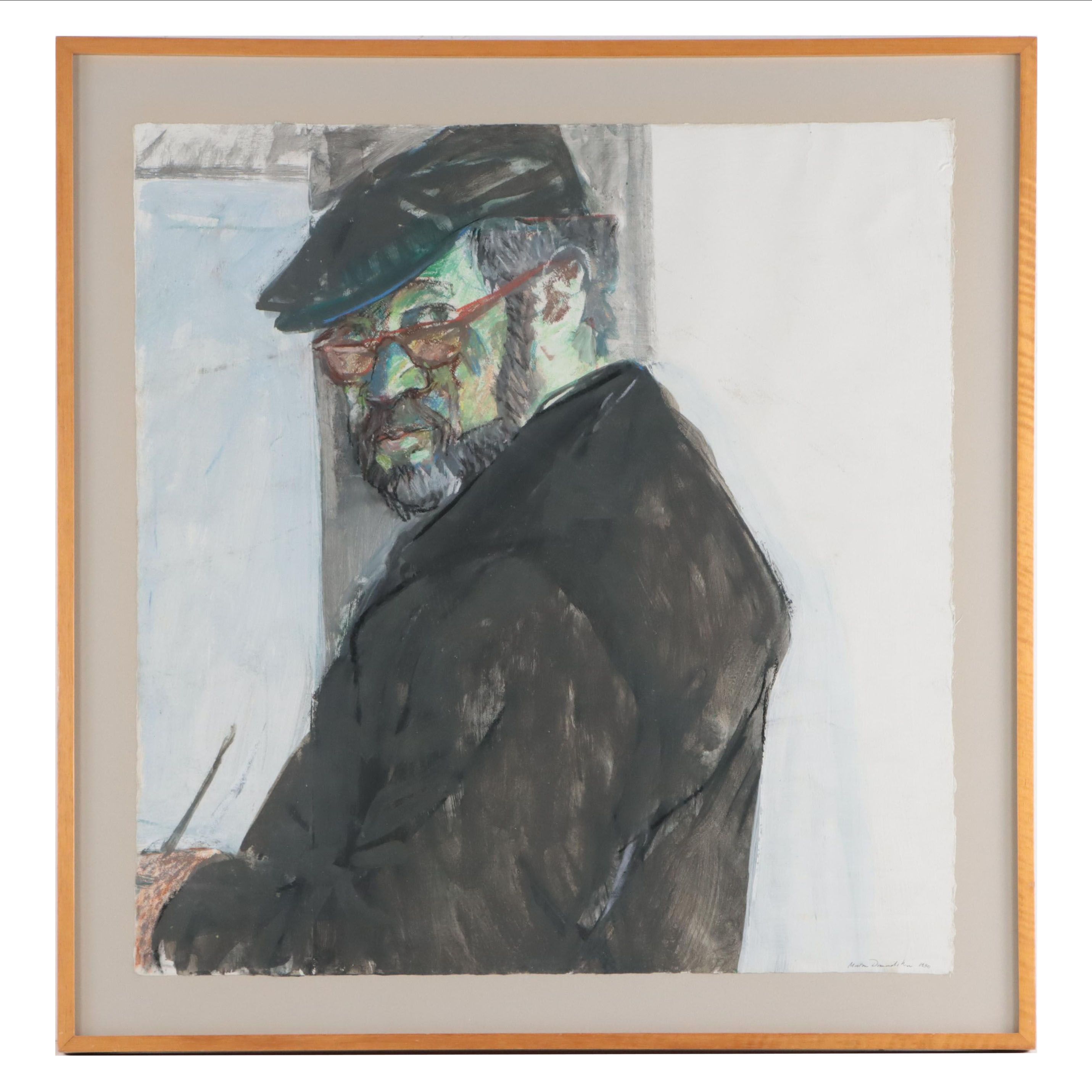 Morton Dimondstein Portrait Mixed Media Painting, 1980