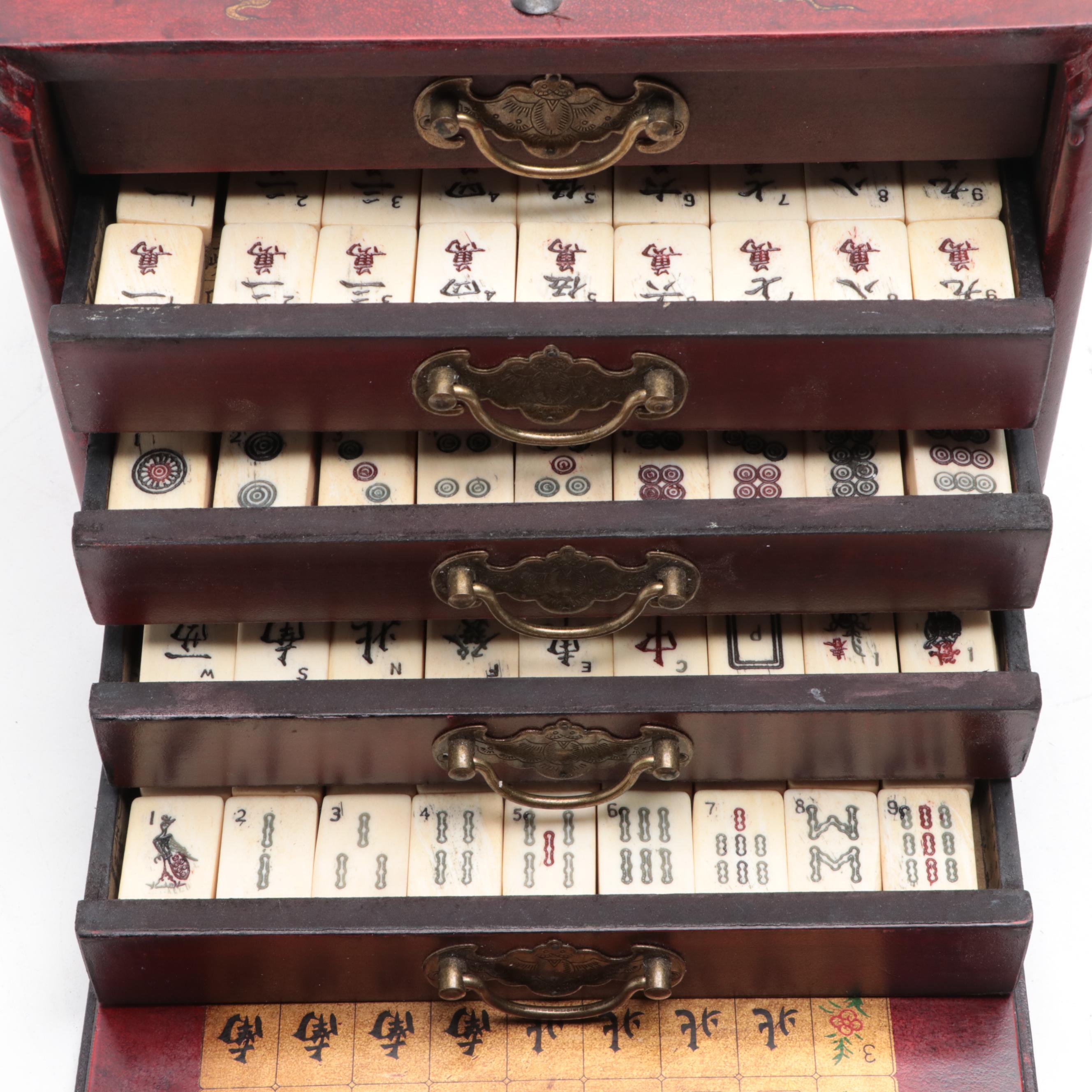 Chinese Four Winds Mah-Jongg Pieces in Transfer-Decorated Case
