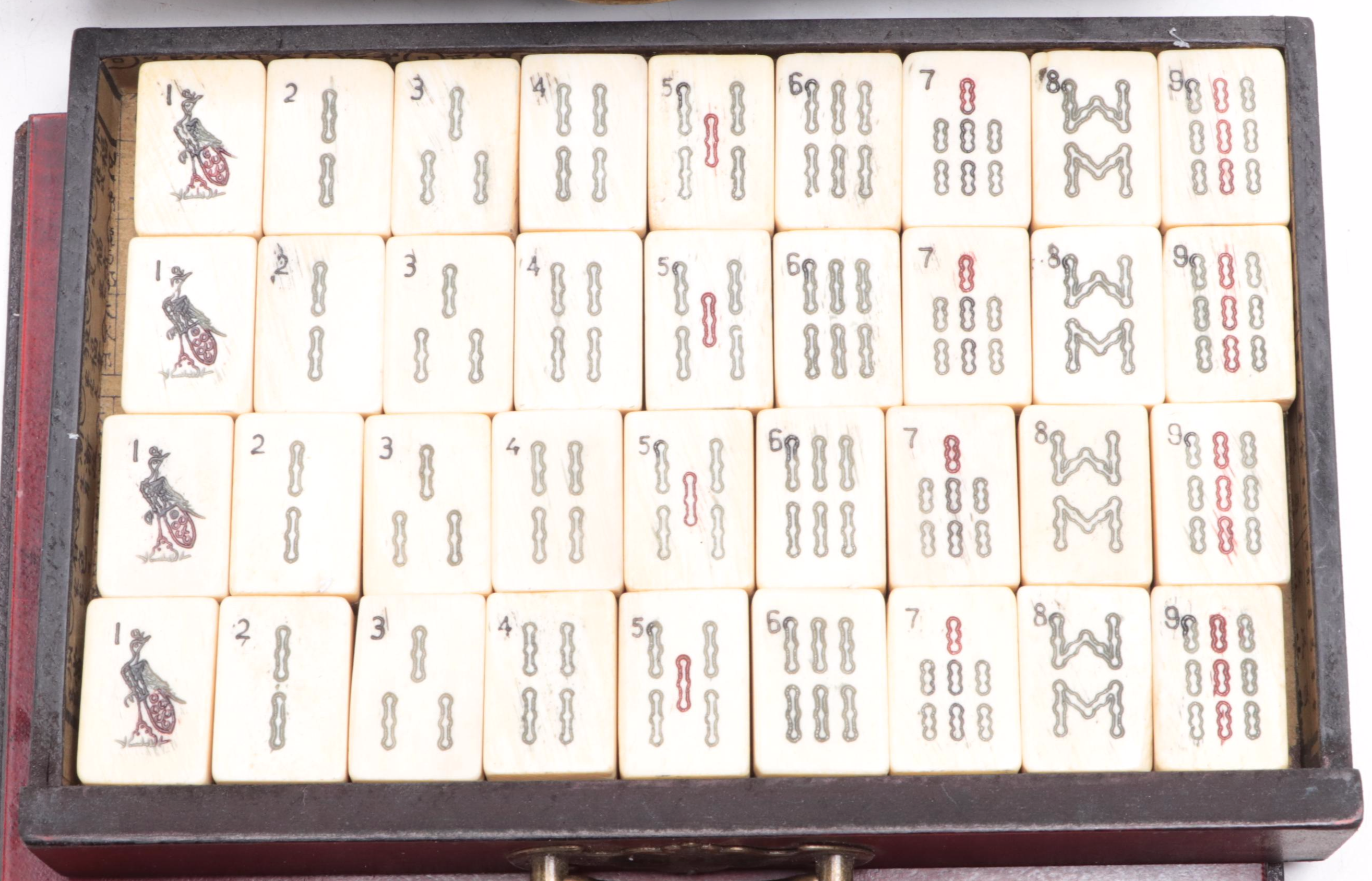 Chinese Four Winds Mah-Jongg Pieces in Transfer-Decorated Case