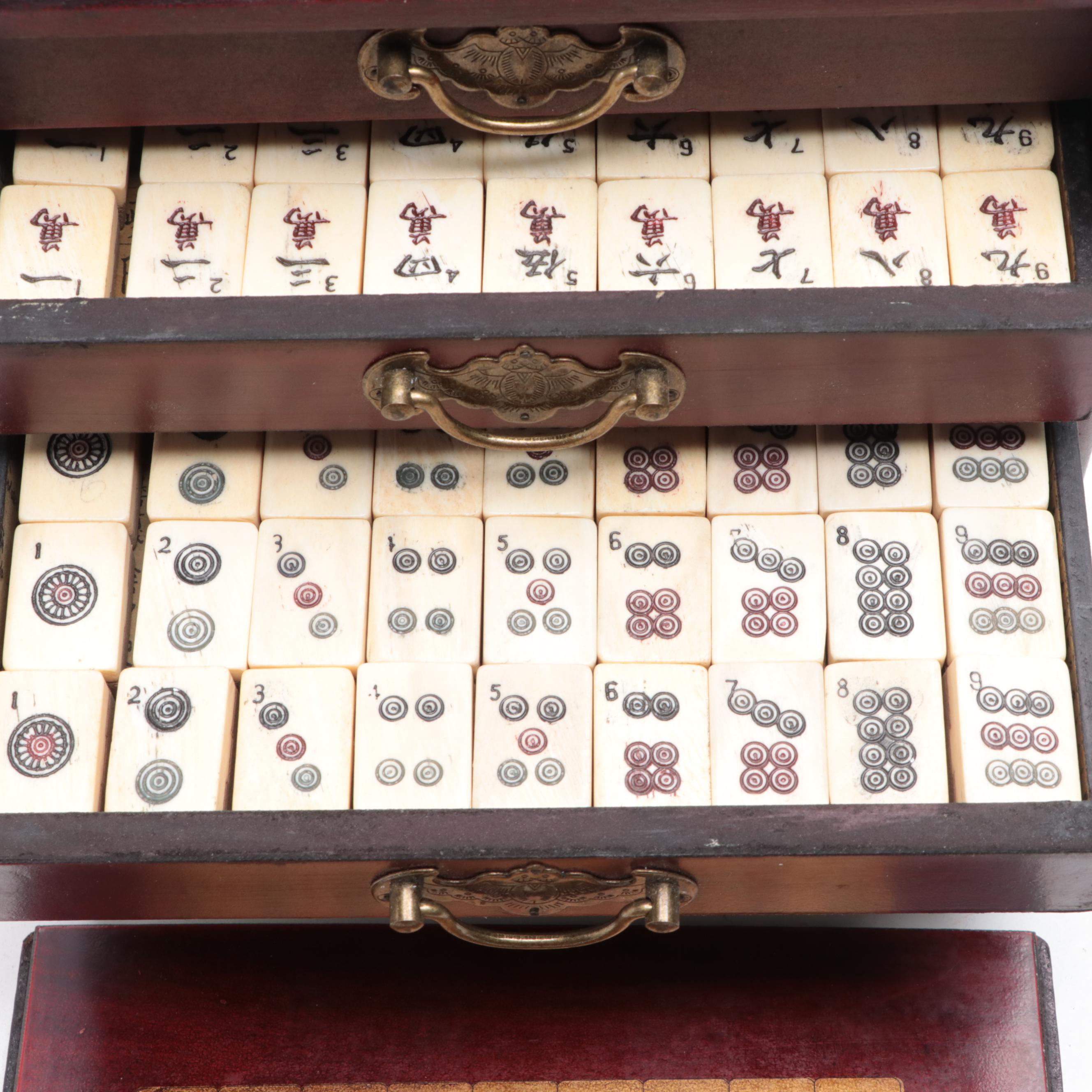 Chinese Four Winds Mah-Jongg Pieces in Transfer-Decorated Case