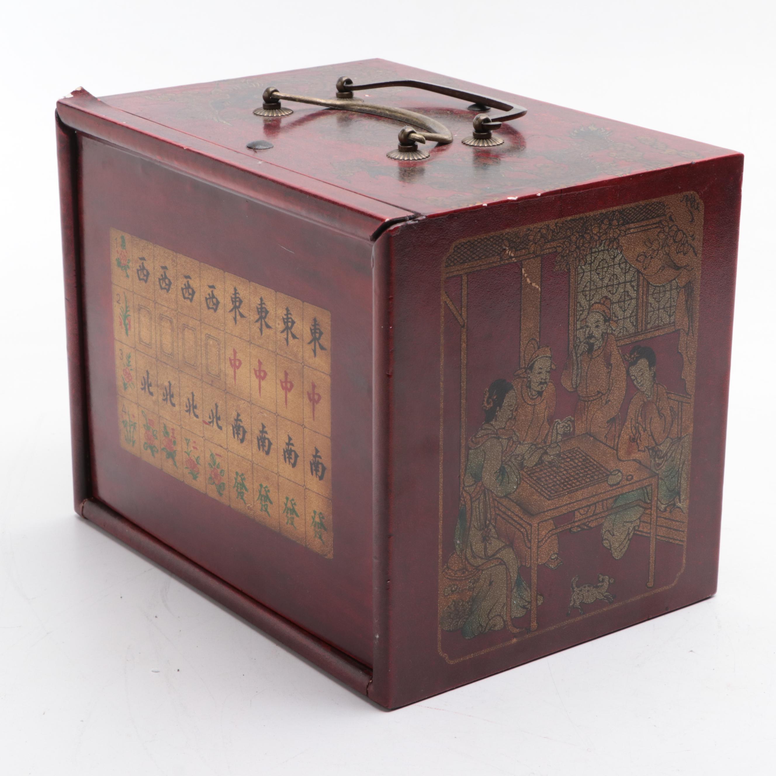 Chinese Four Winds Mah-Jongg Pieces in Transfer-Decorated Case