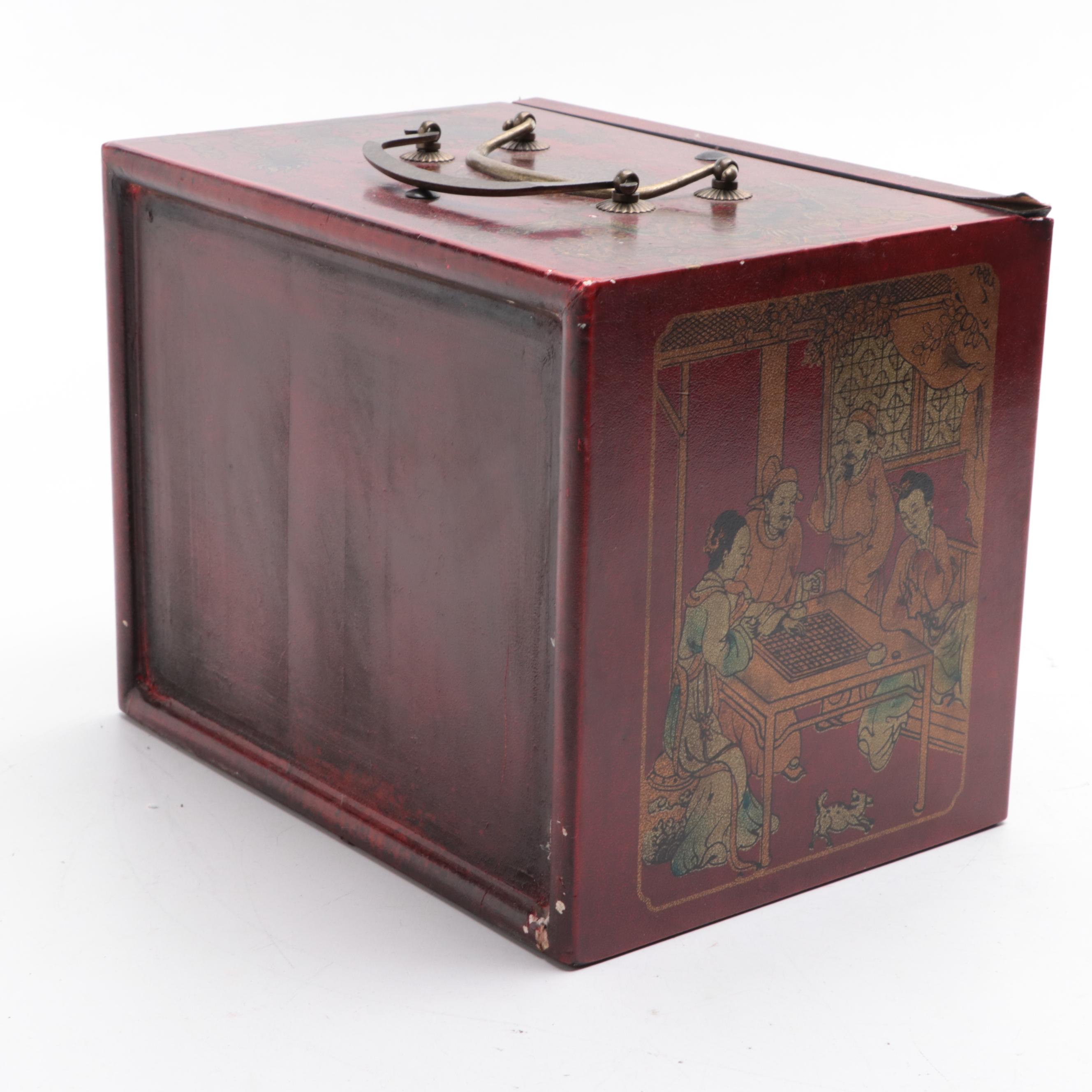 Chinese Four Winds Mah-Jongg Pieces in Transfer-Decorated Case