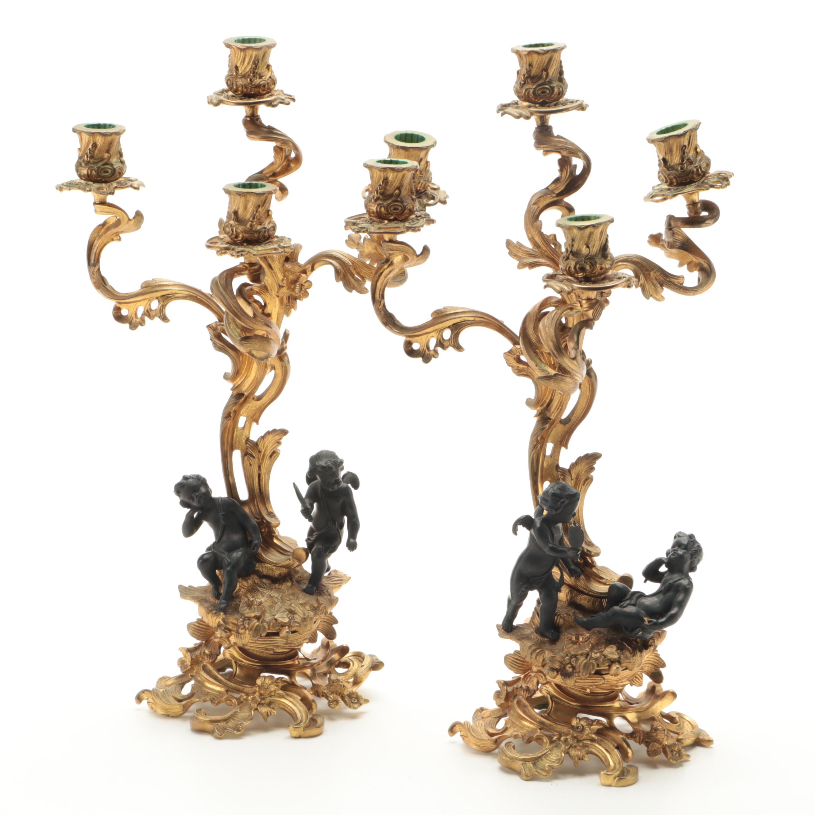 Louis XV Style Bronze Doré Cherub and Putti Candelabra Mantel Garniture