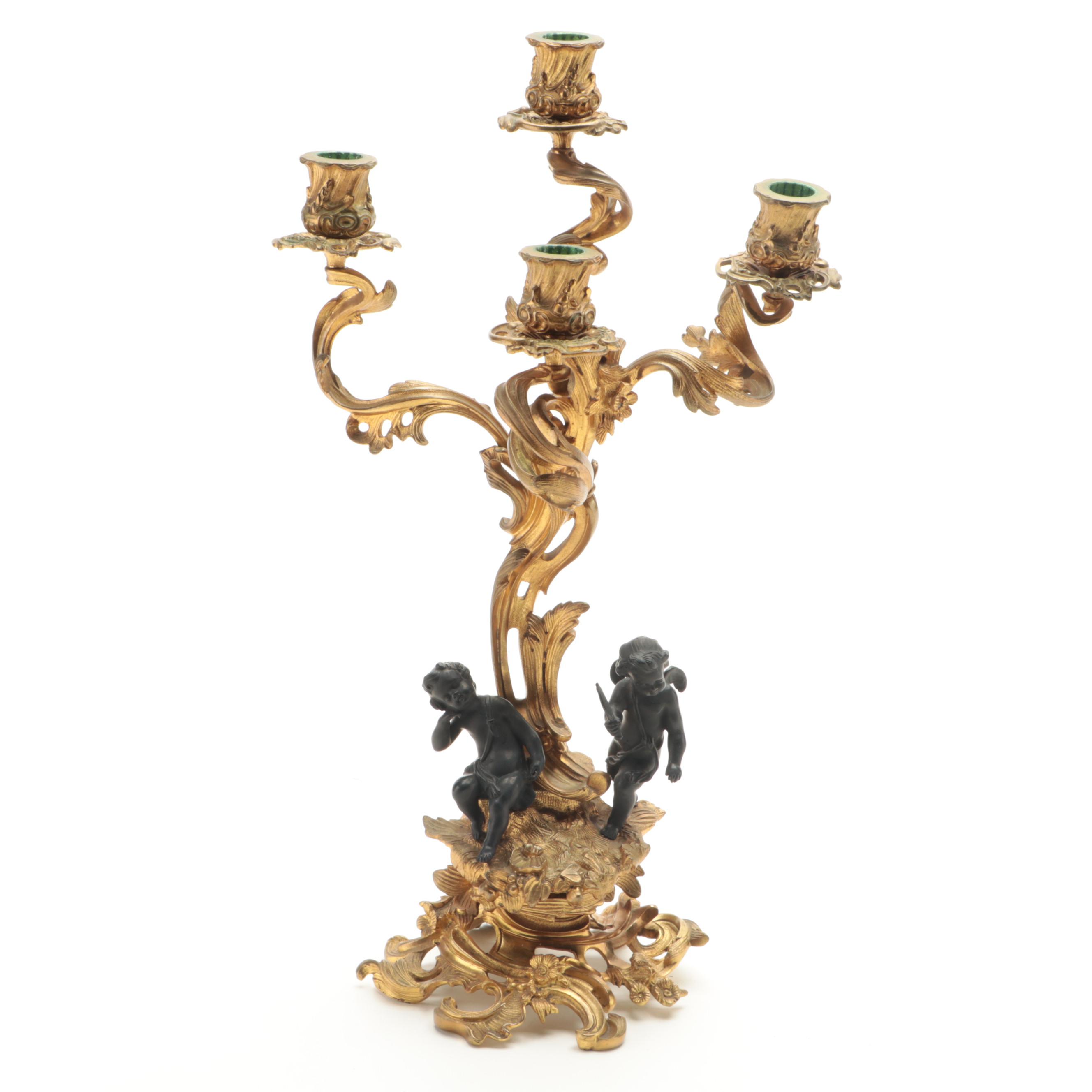 Louis XV Style Bronze Doré Cherub and Putti Candelabra Mantel Garniture