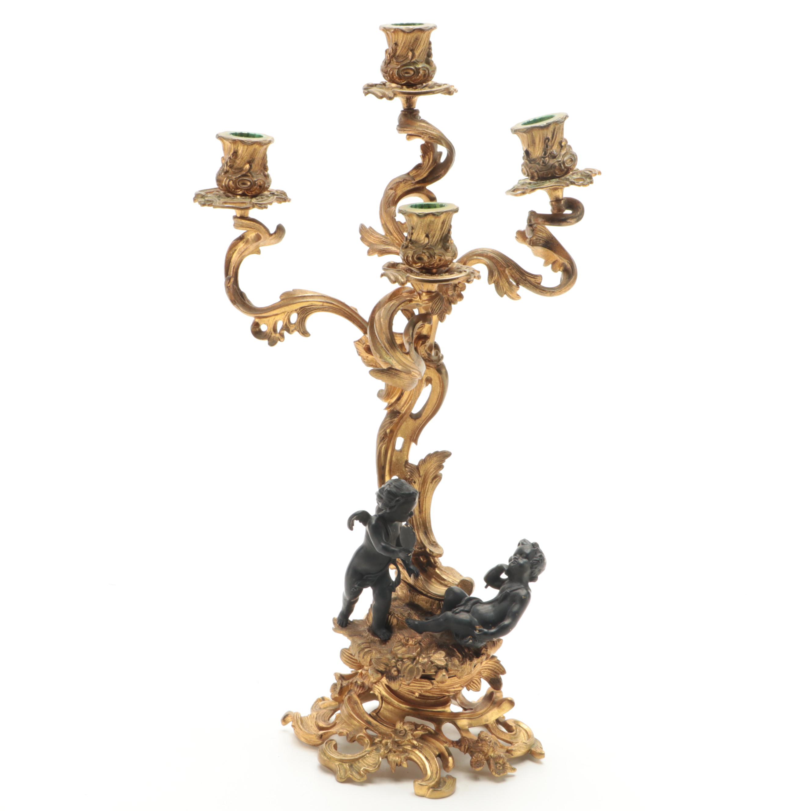 Louis XV Style Bronze Doré Cherub and Putti Candelabra Mantel Garniture