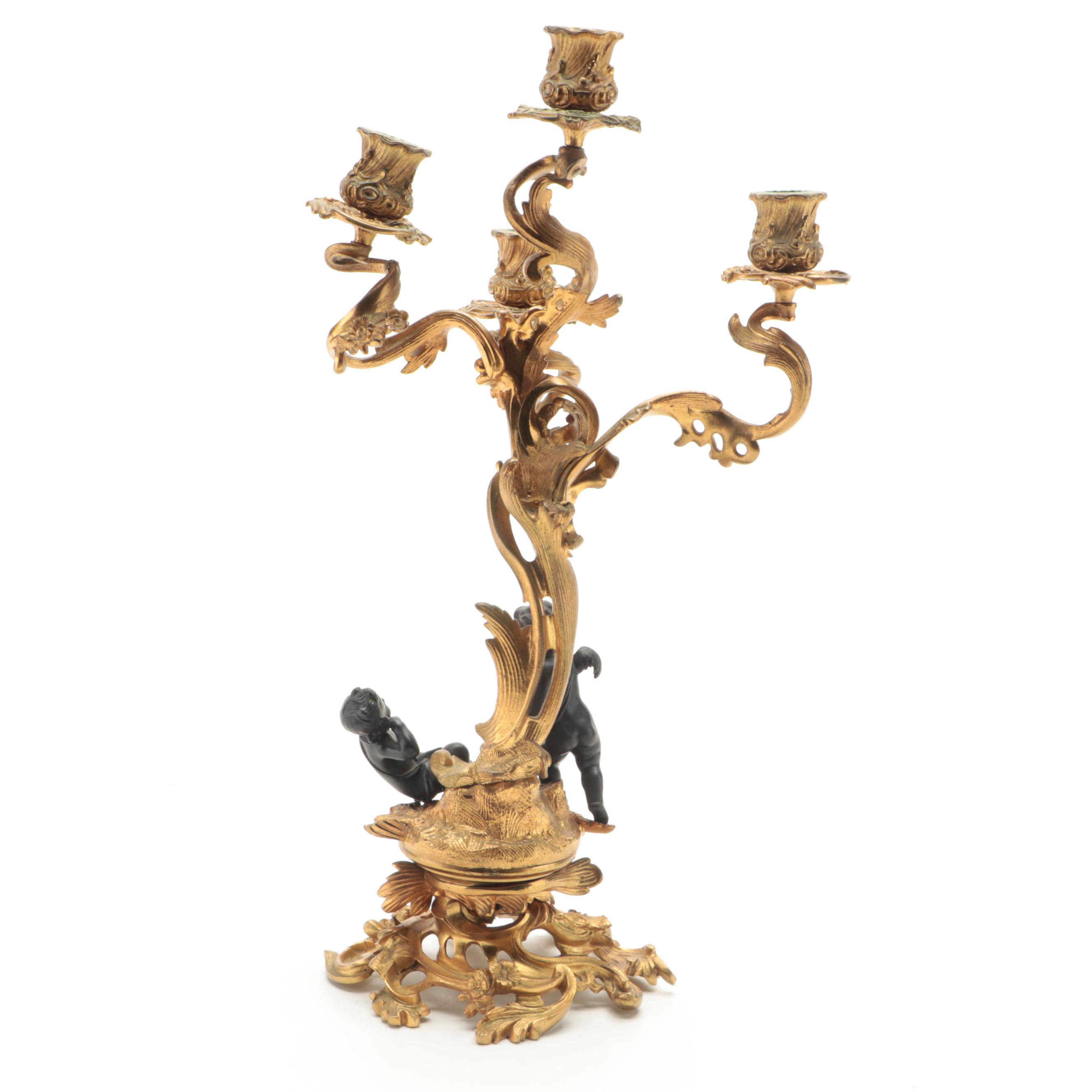 Louis XV Style Bronze Doré Cherub and Putti Candelabra Mantel Garniture