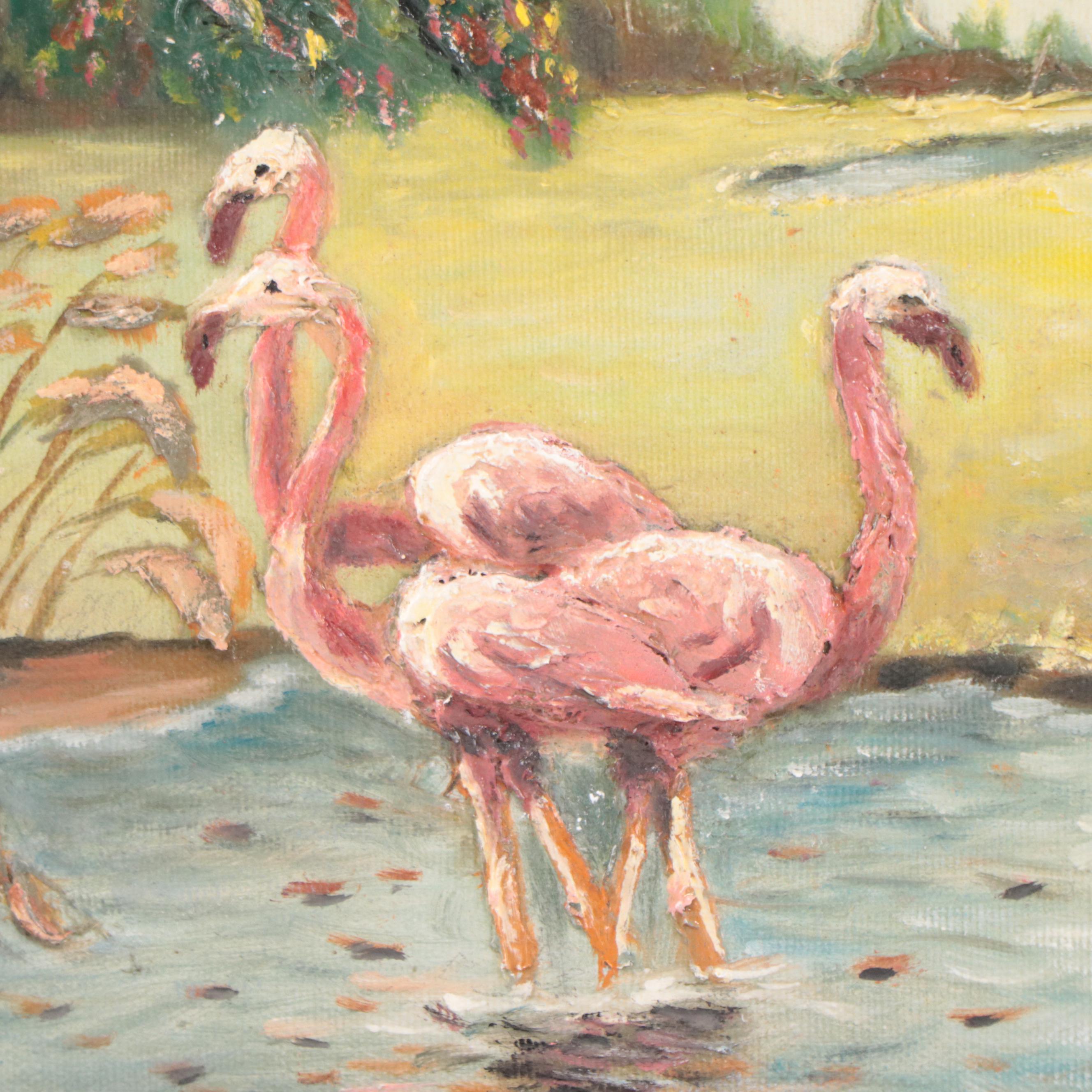 Impasto Landscape Oil Painting with Flamingos, 1975