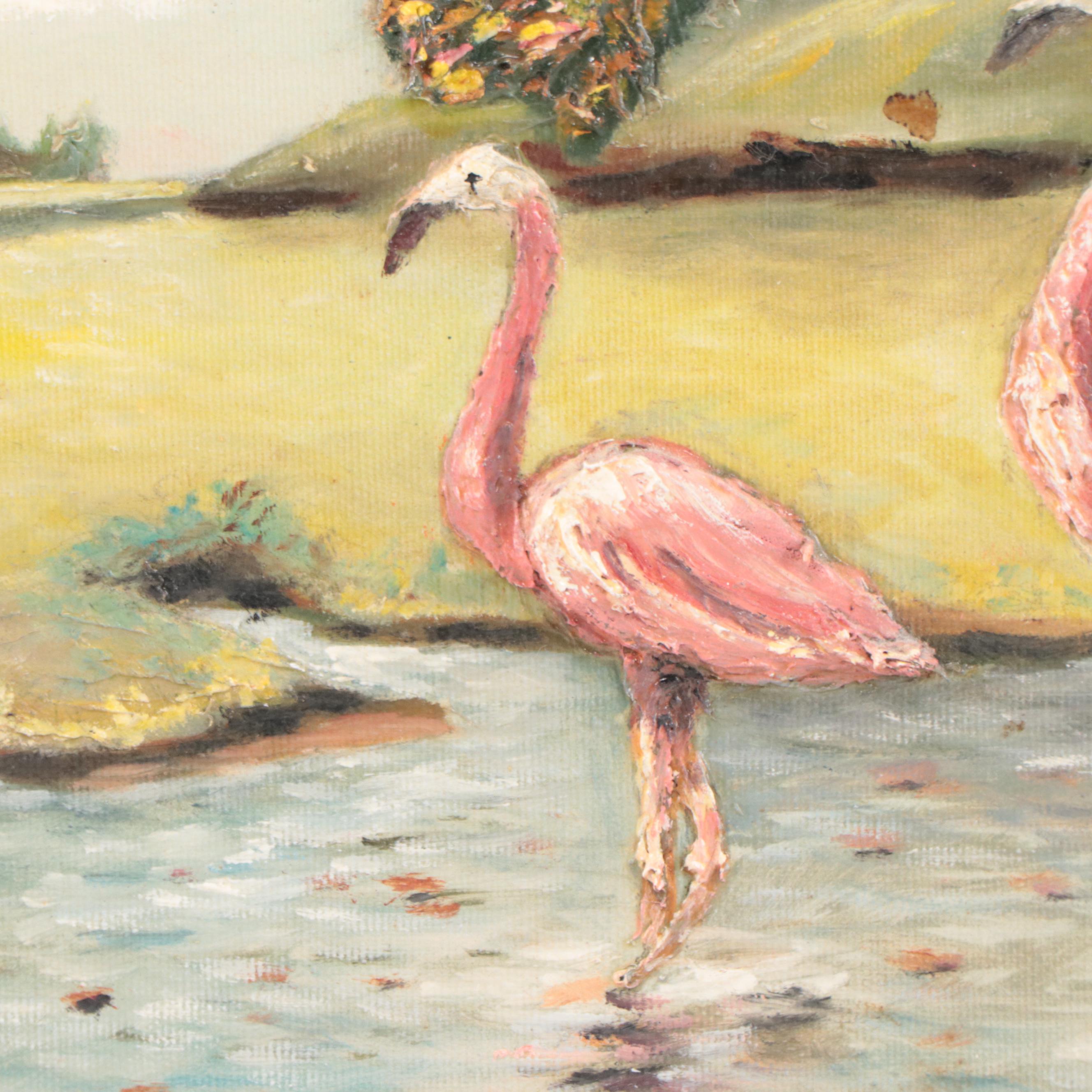 Impasto Landscape Oil Painting with Flamingos, 1975