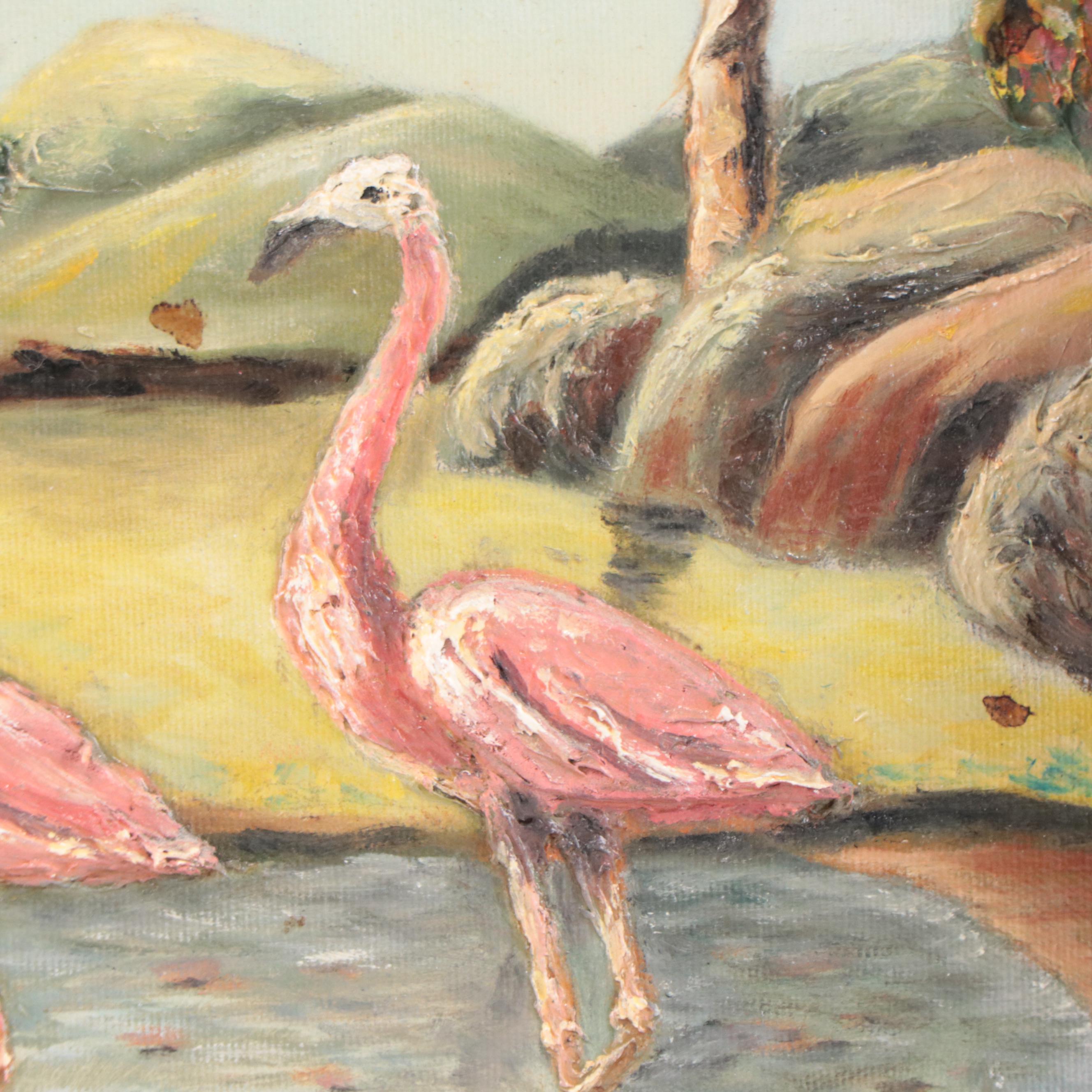Impasto Landscape Oil Painting with Flamingos, 1975
