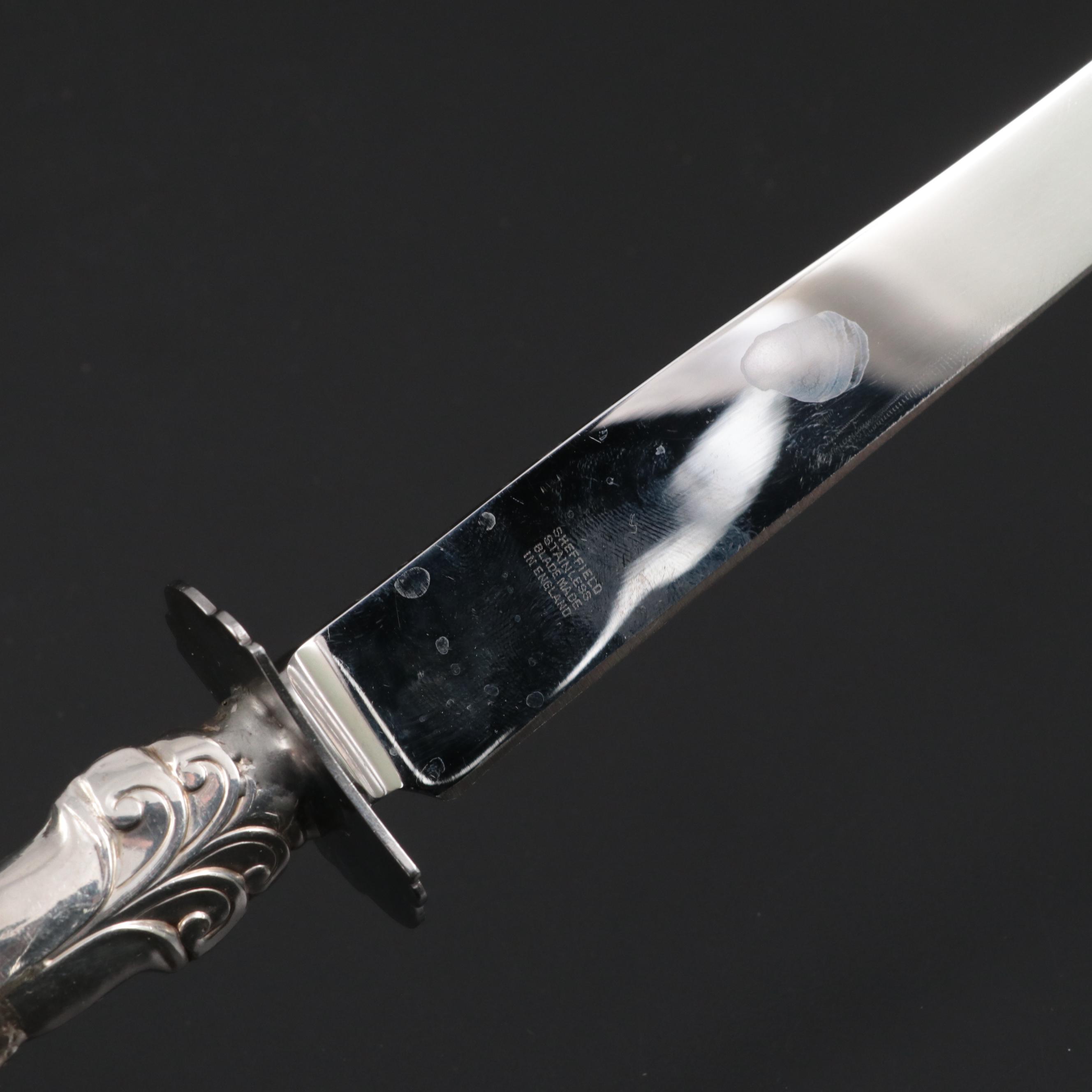 Whiting Sterling Silver Carving Set with Etched Glass Centerpiece