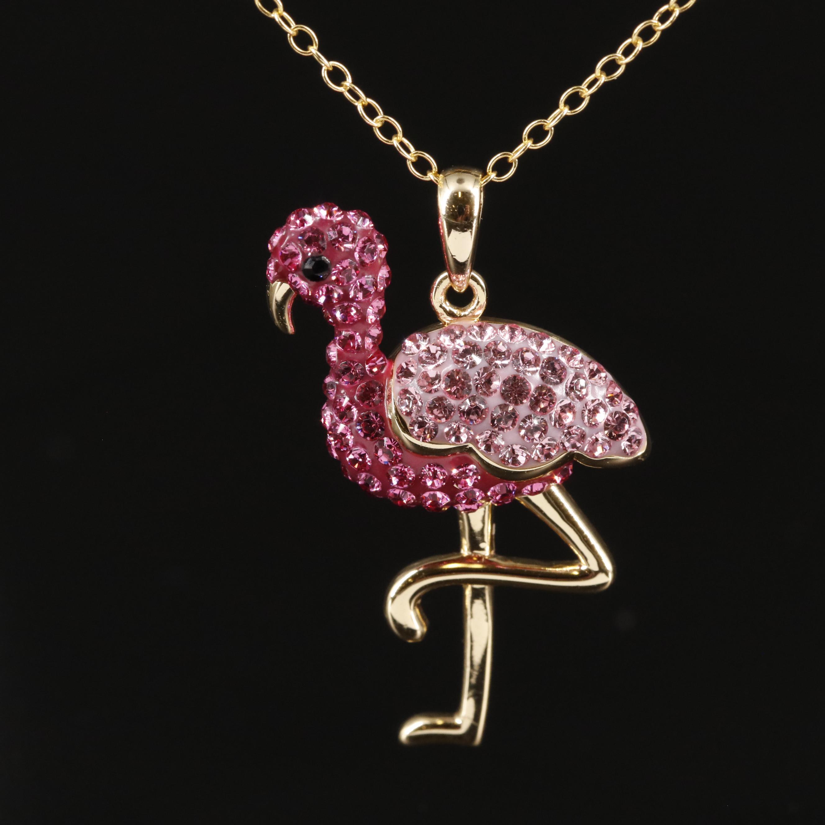 Sterling and Rhinestone Flamingo Pendant Necklace