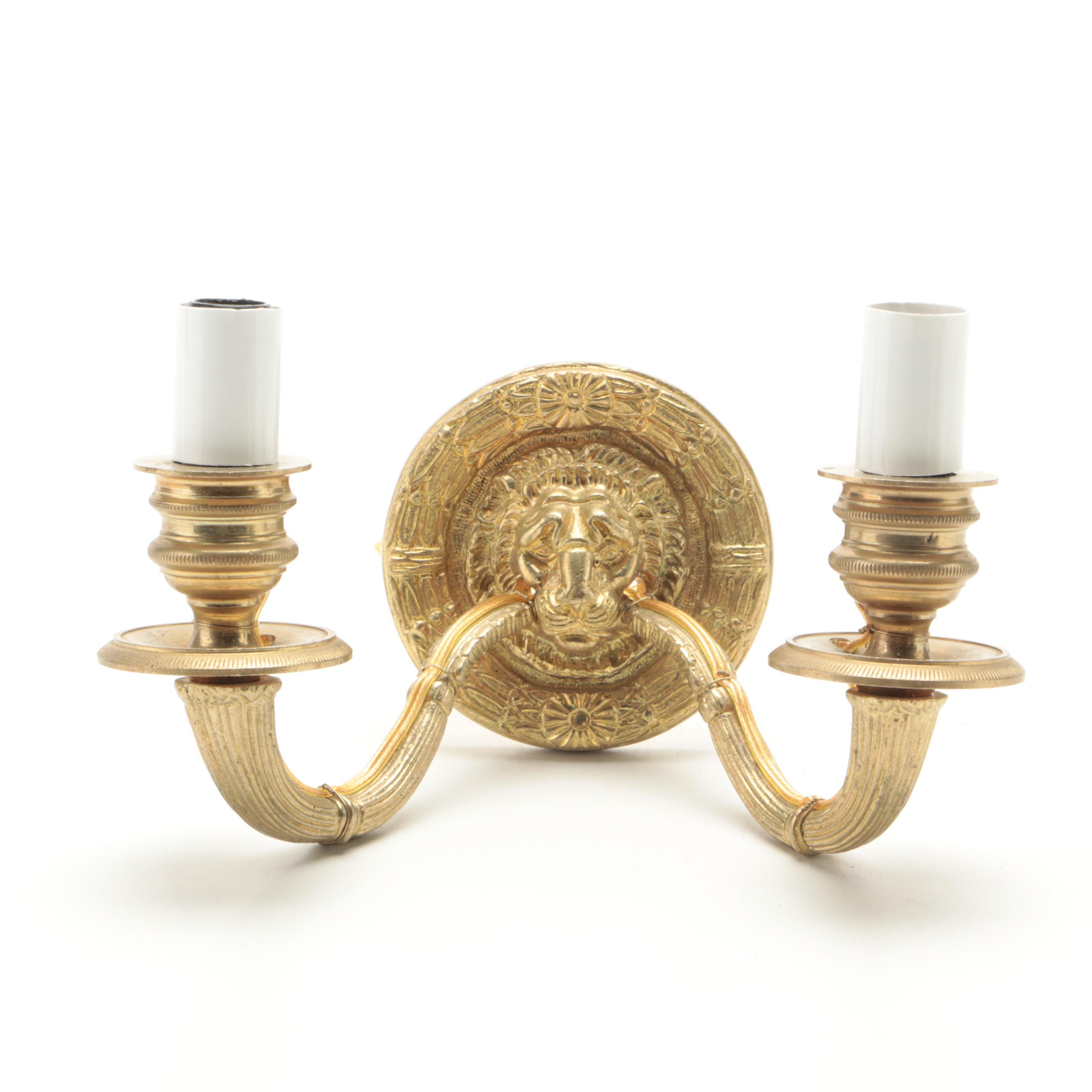 Pair of Neoclassical Style Lion Head Gilt Brass Wall Sconces