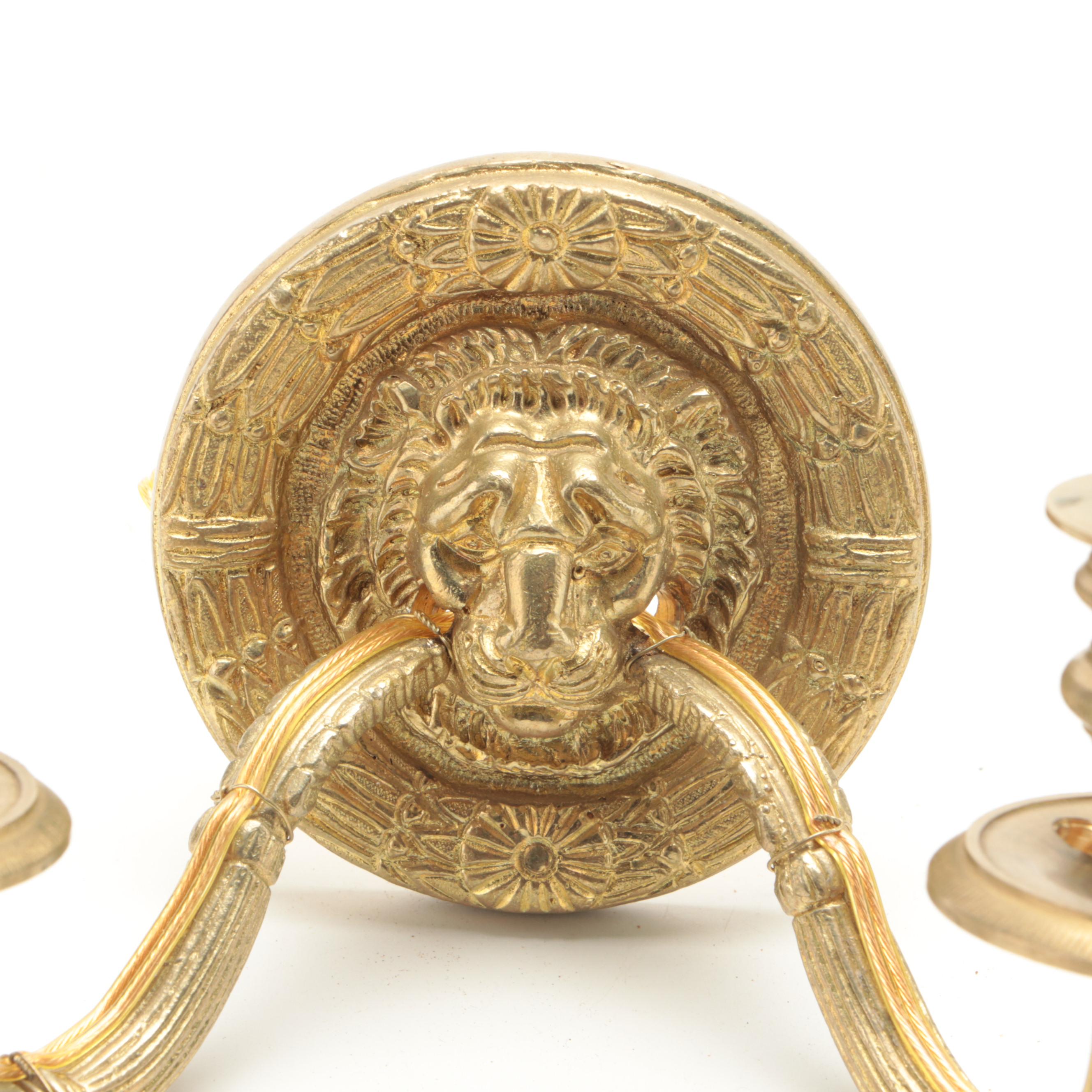 Pair of Neoclassical Style Lion Head Gilt Brass Wall Sconces