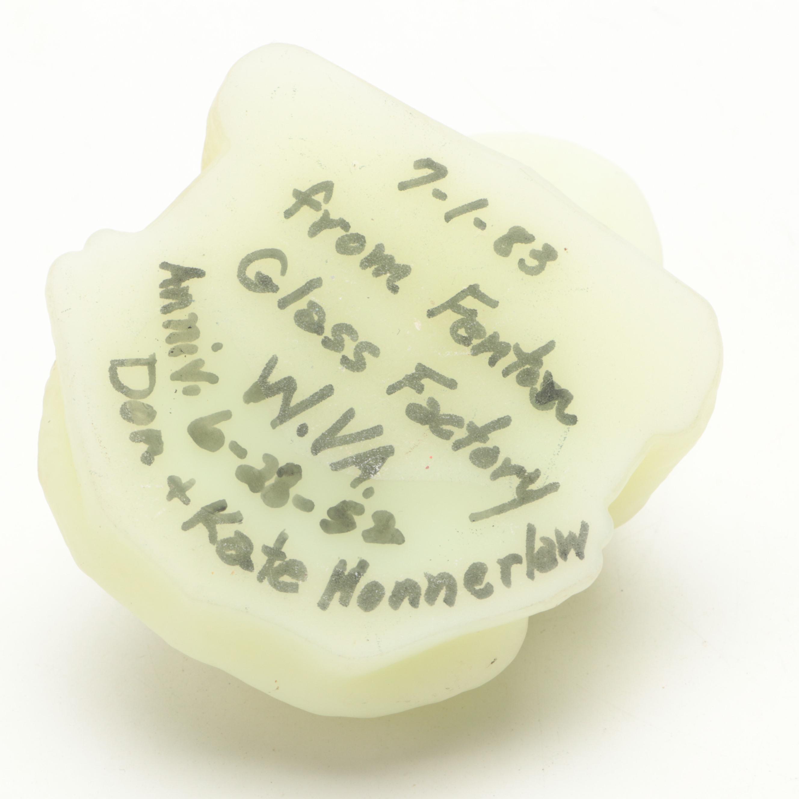 Fenton Custard Glass Frog with Other Green Opalescent Glass Frog Figurines