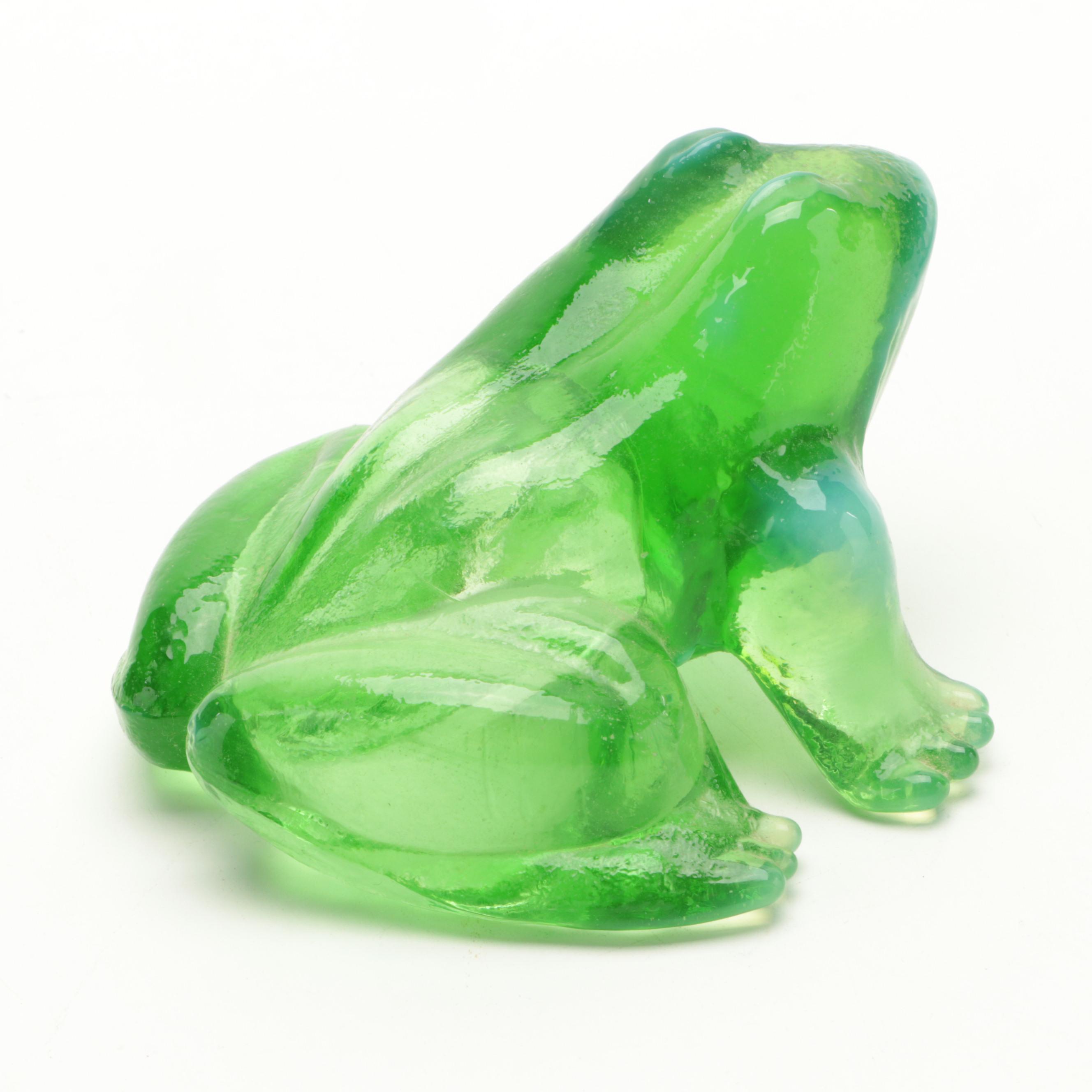 Fenton Custard Glass Frog with Other Green Opalescent Glass Frog Figurines