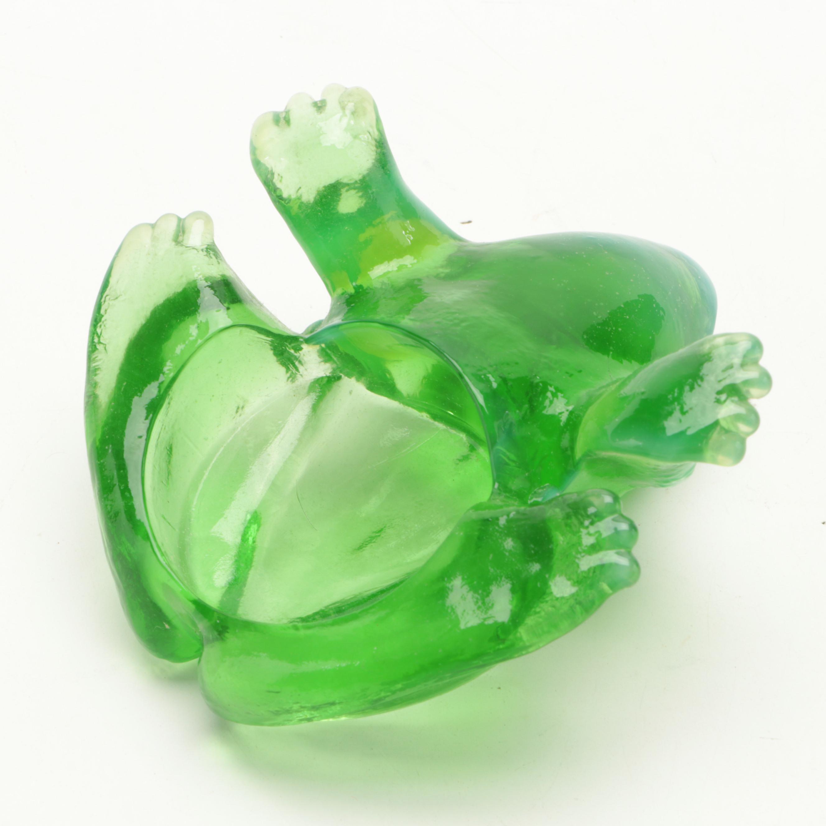 Fenton Custard Glass Frog with Other Green Opalescent Glass Frog Figurines
