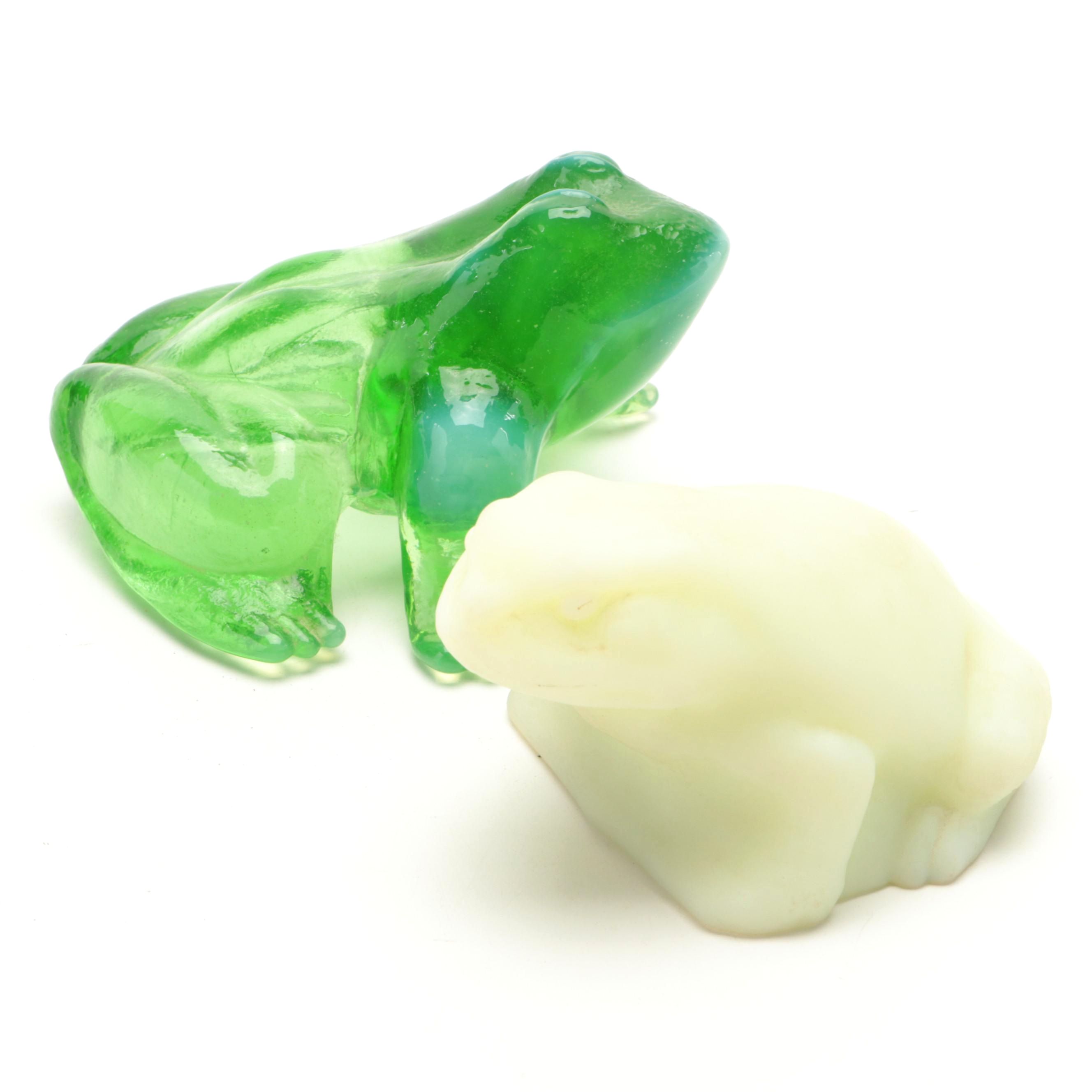 Fenton Custard Glass Frog with Other Green Opalescent Glass Frog Figurines