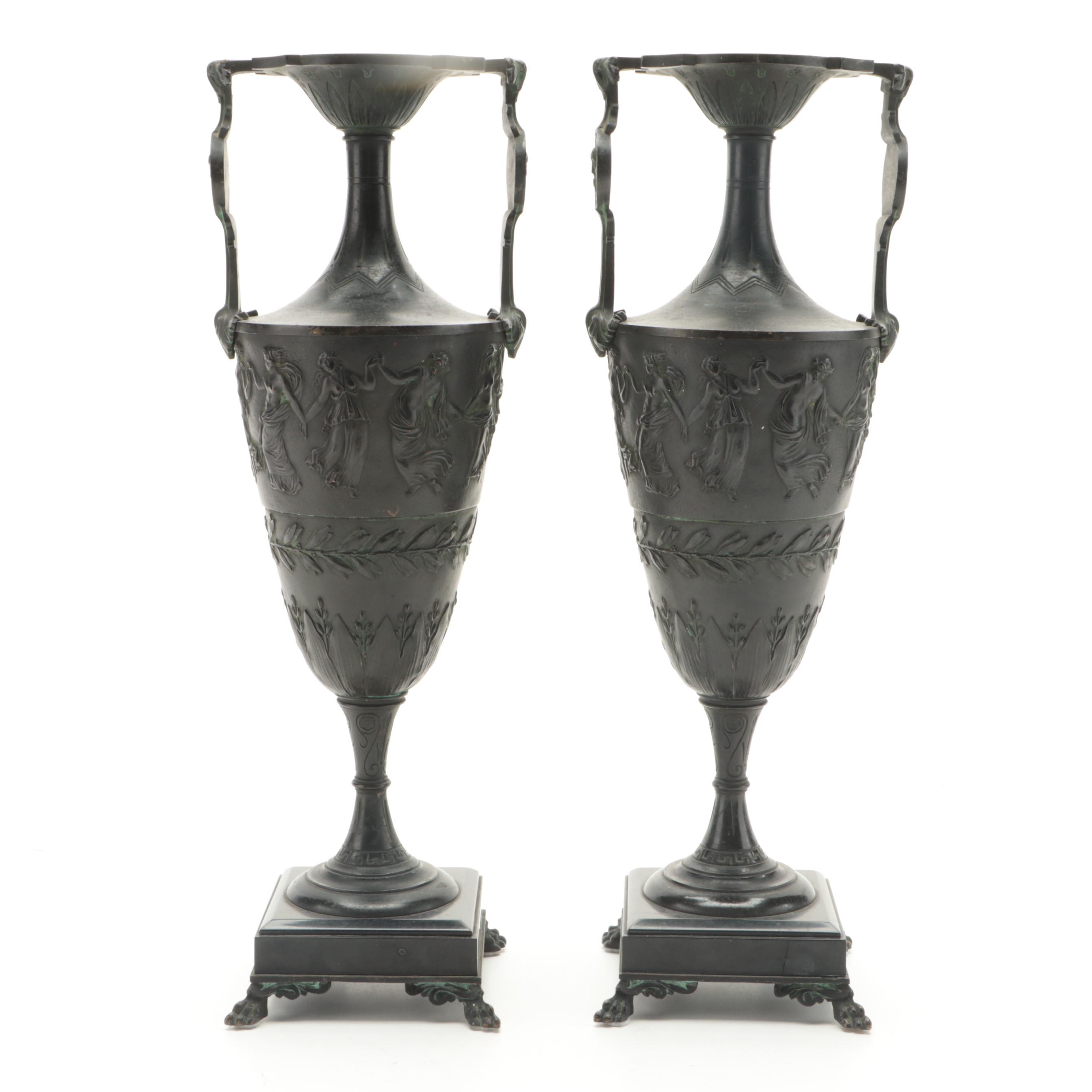 Pair of Greek Revival Bronzed Metal Amphora Urns