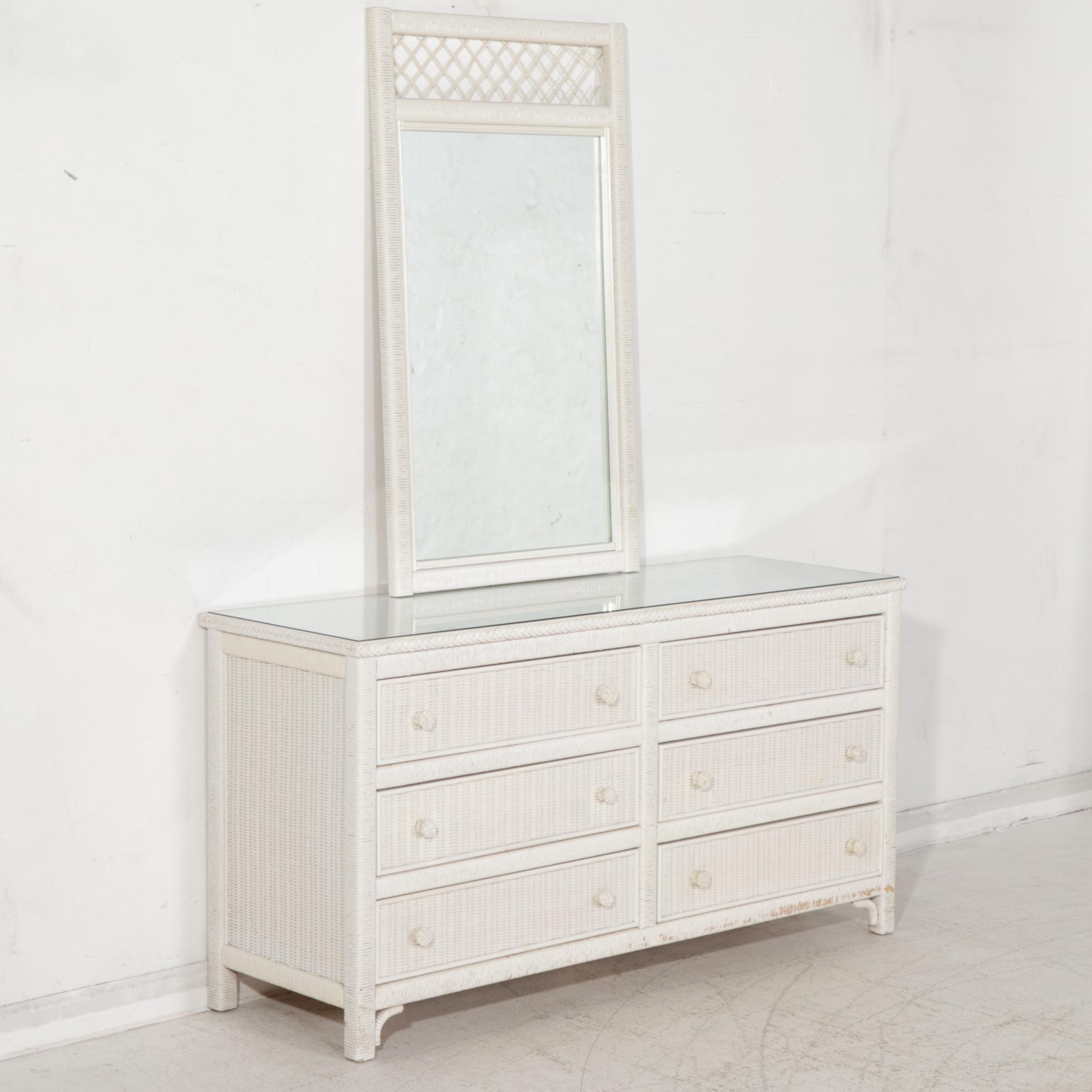 Henry Link White-Painted Wicker Mixed Bedroom Set with Metal Twin Bed Frame