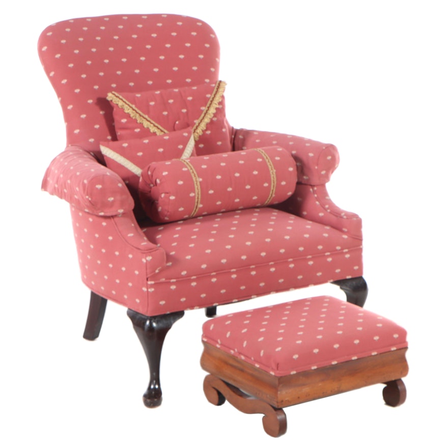 Queen Anne Style Custom-Upholstered Armchair Plus Empire Mahogany Footstool