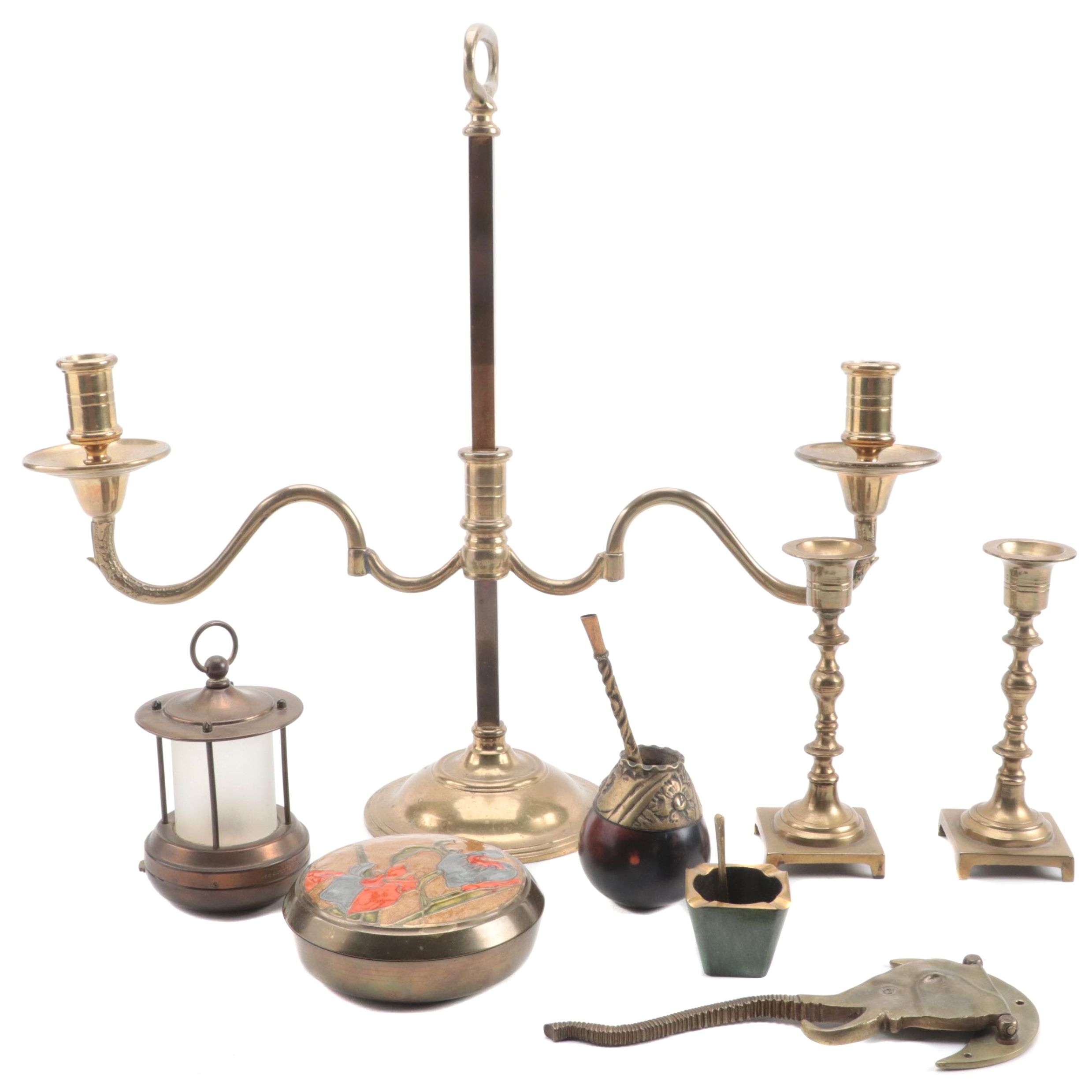 Brass Two Light Adjustable Candelabra with Other Candlesticks and Décor