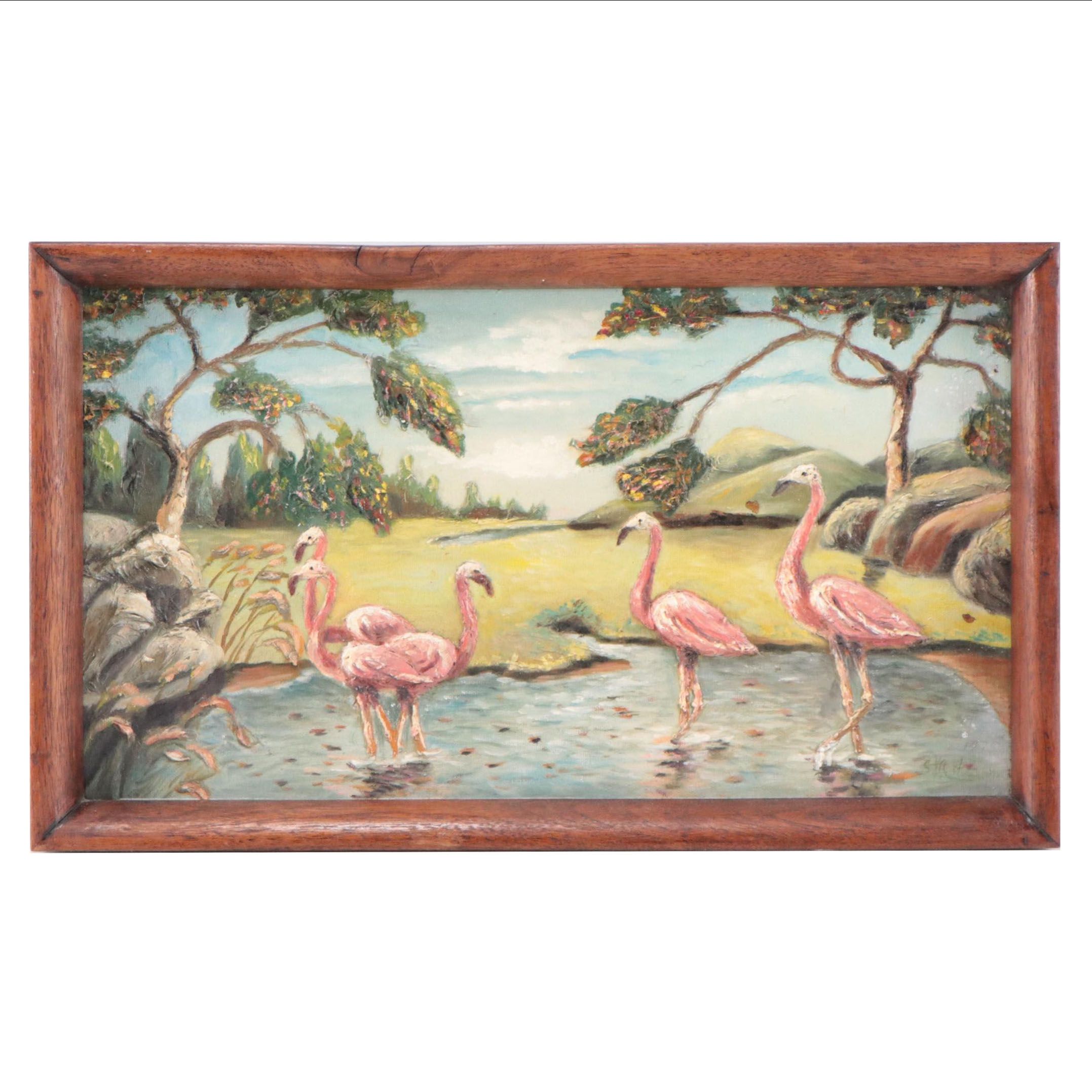 Impasto Landscape Oil Painting with Flamingos, 1975