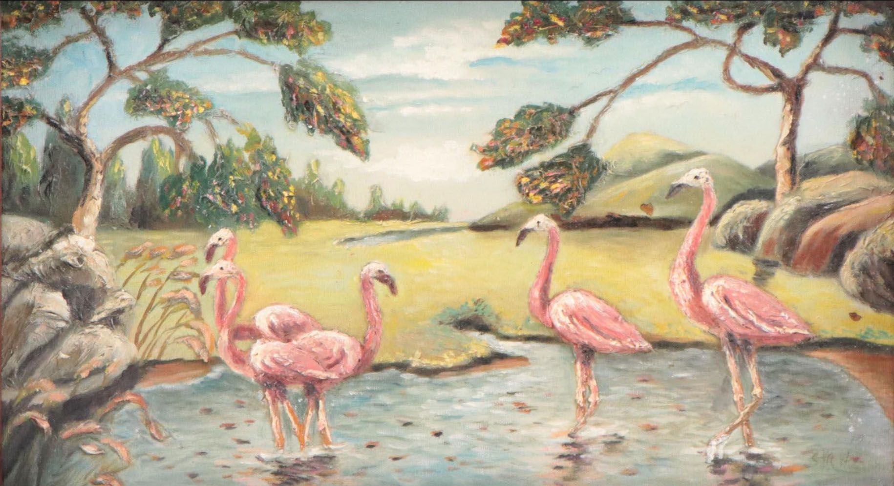 Impasto Landscape Oil Painting with Flamingos, 1975
