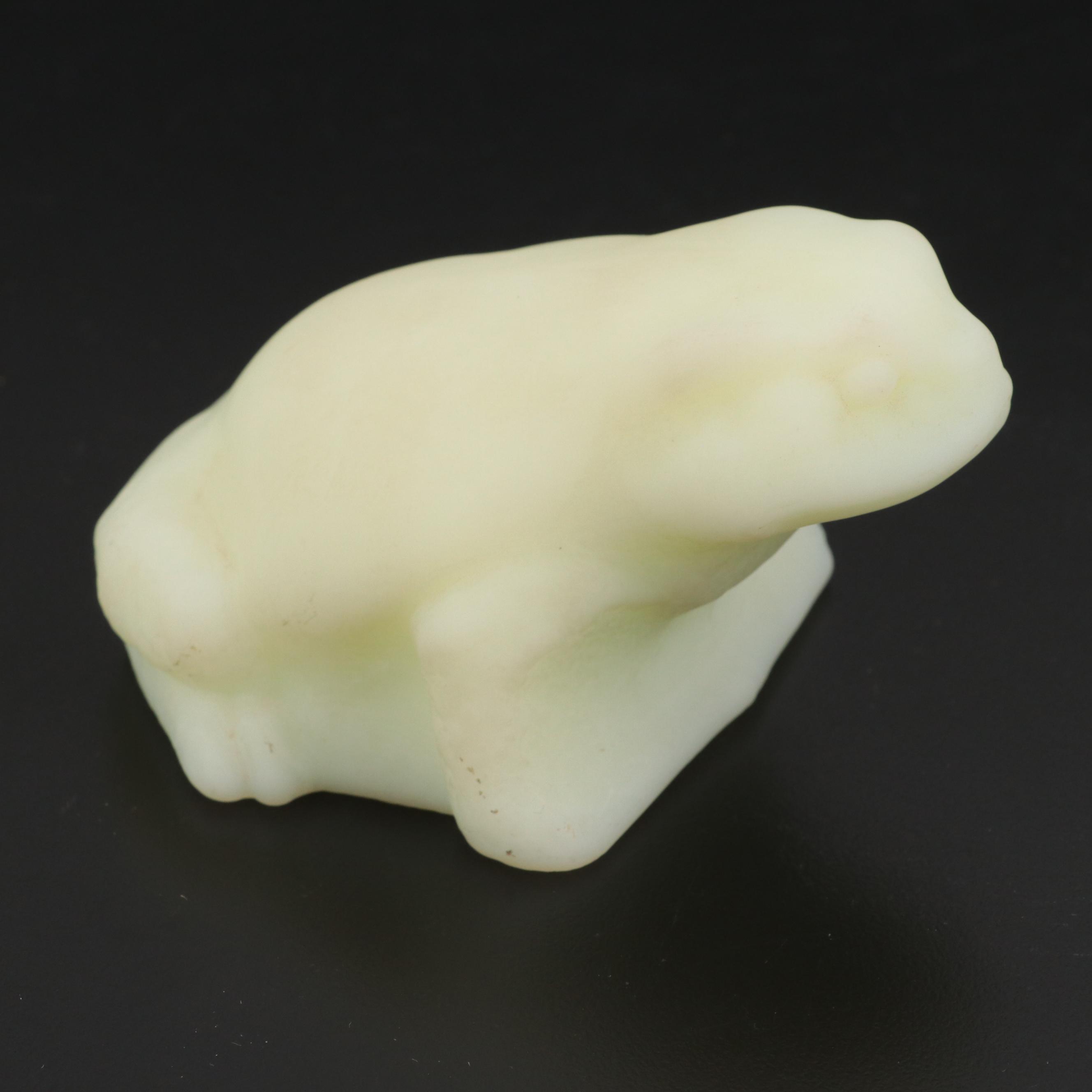 Fenton Custard Glass Frog with Other Green Opalescent Glass Frog Figurines