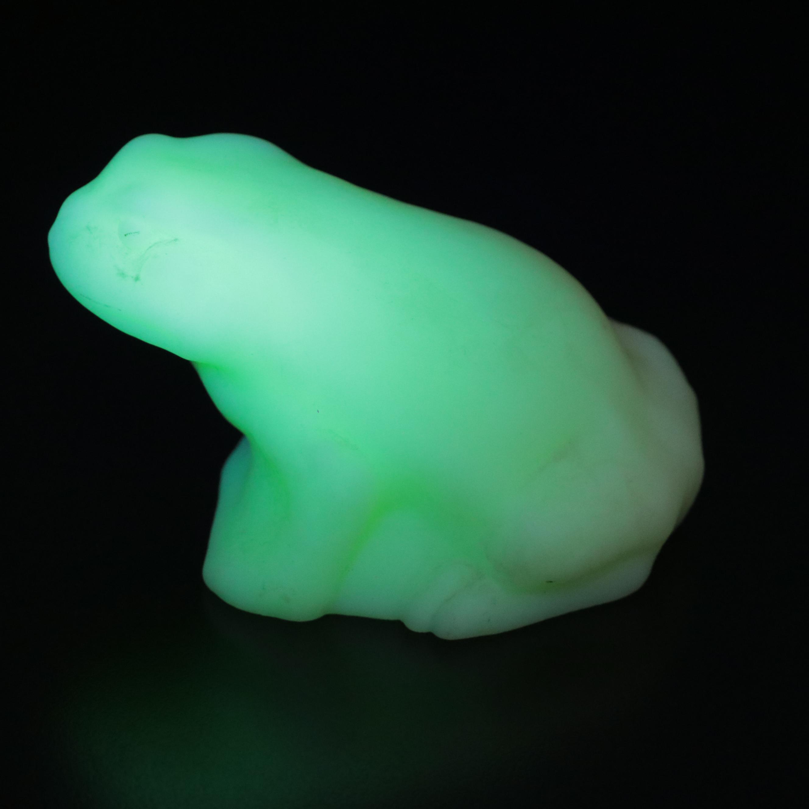 Fenton Custard Glass Frog with Other Green Opalescent Glass Frog Figurines